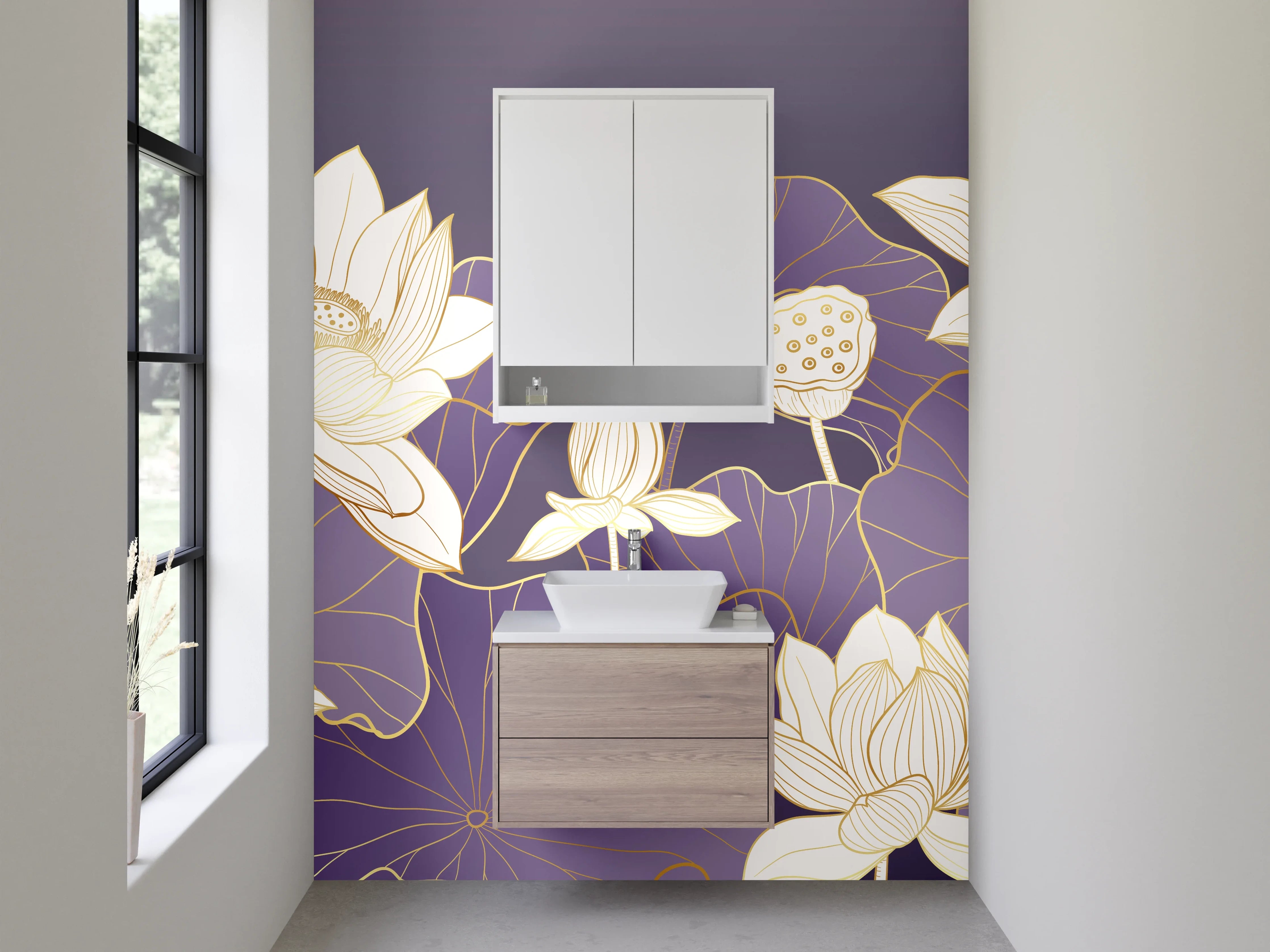 Waschbecken-Rückwand - Elegante Lotusblüten Kunst Lila Gold