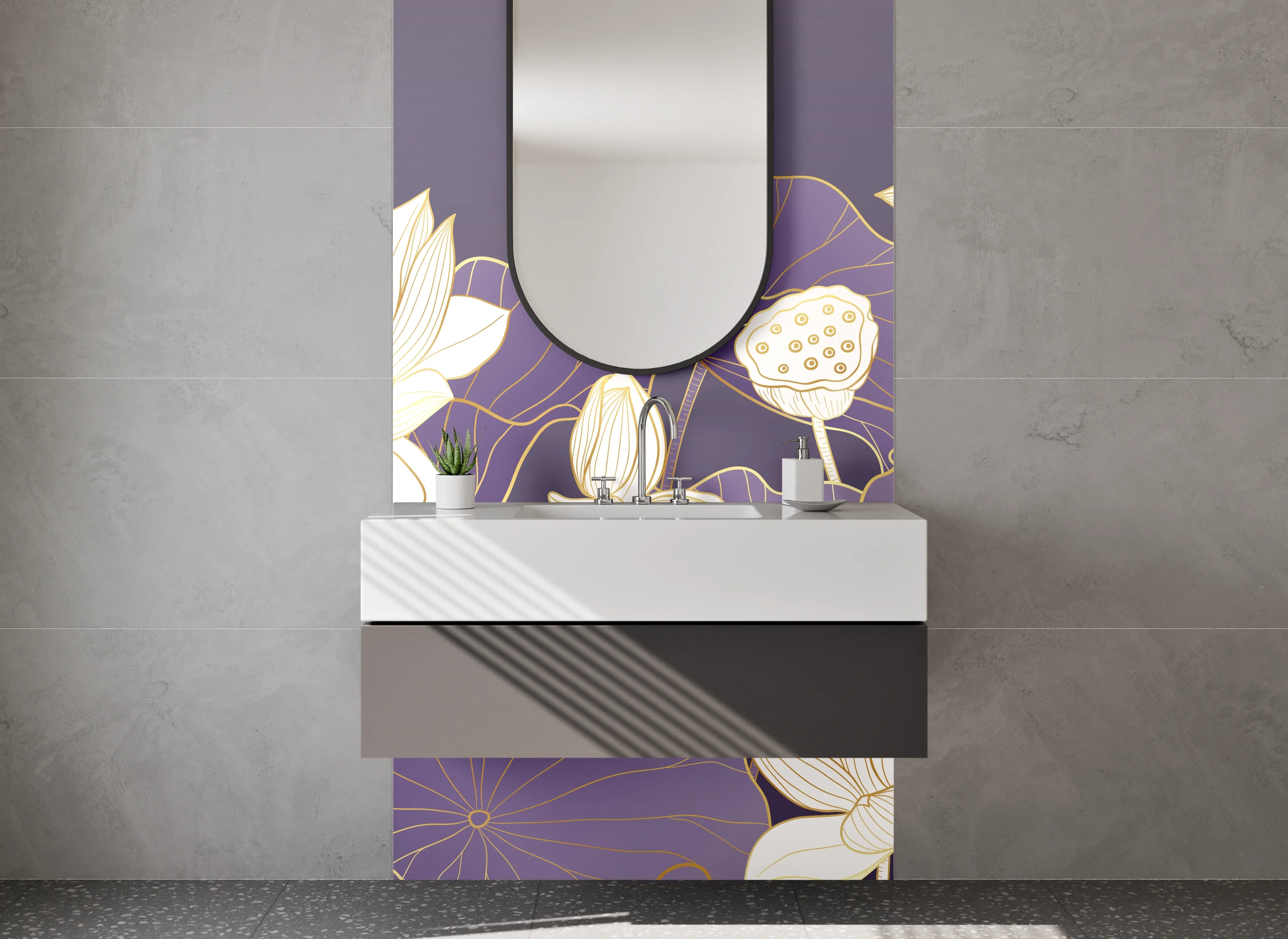 Waschbecken-Rückwand - Elegante Lotusblüten Kunst Lila Gold