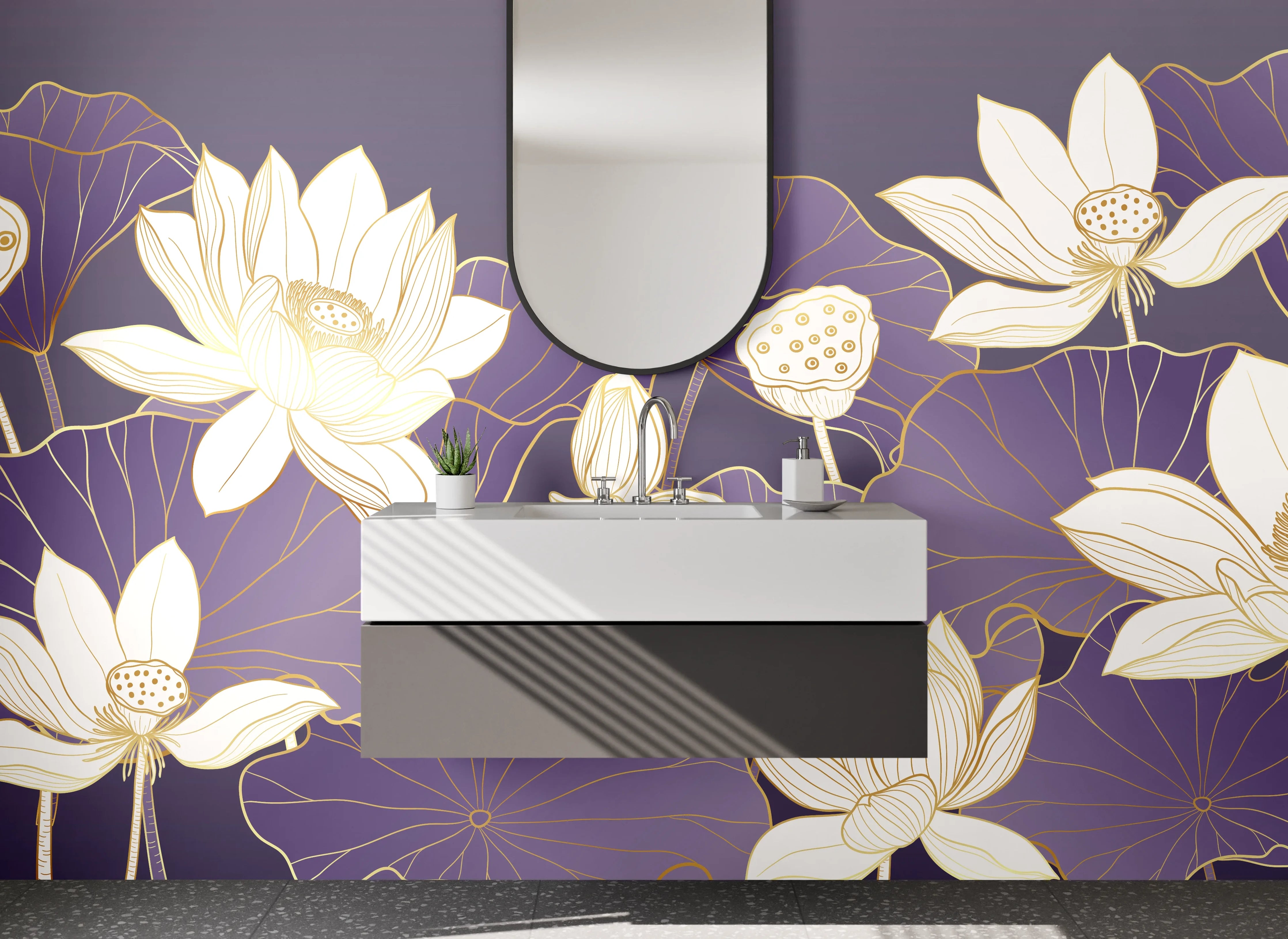 Waschbecken-Rückwand - Elegante Lotusblüten Kunst Lila Gold