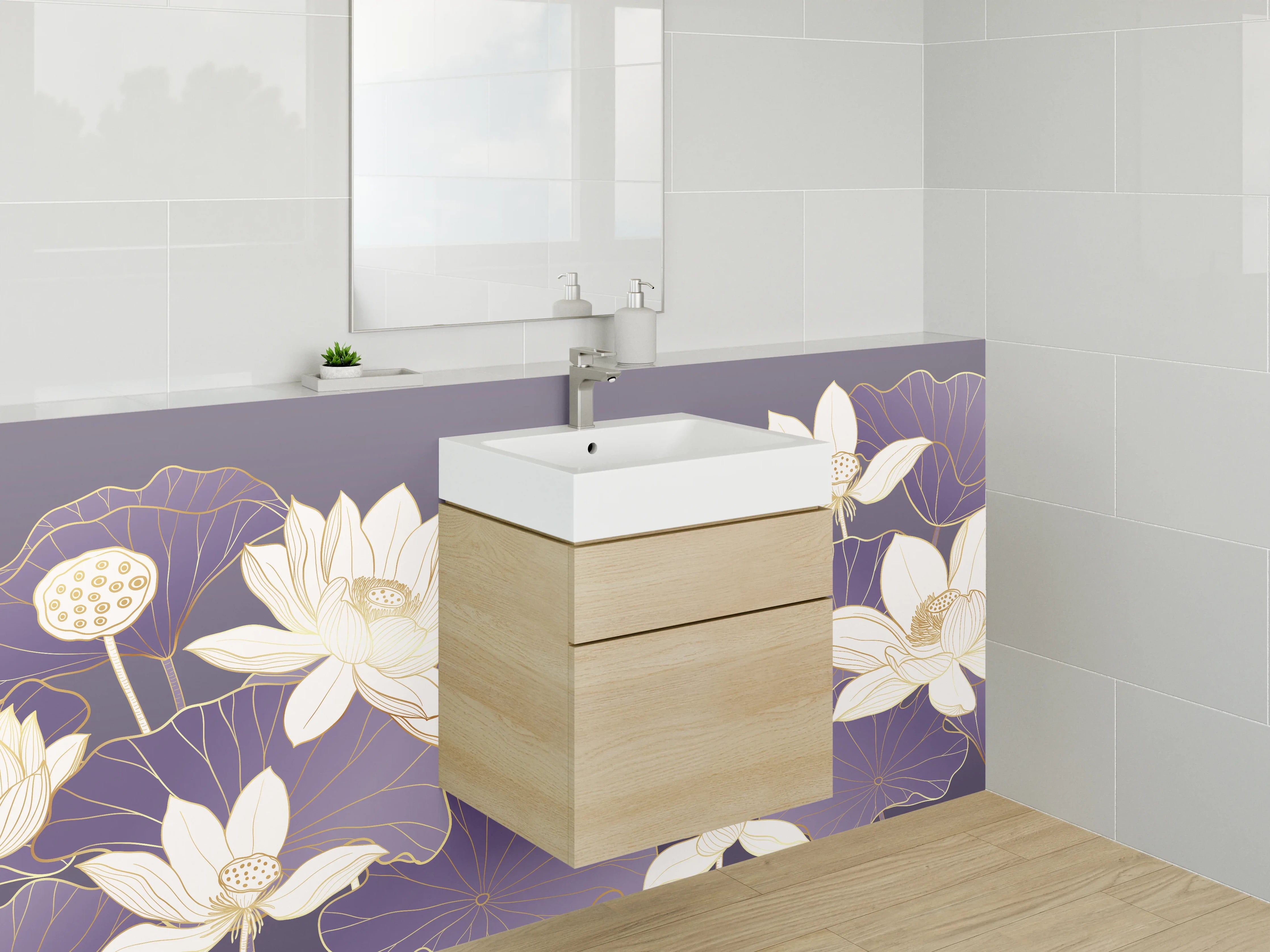 Waschbecken-Rückwand - Elegante Lotusblüten Kunst Lila Gold