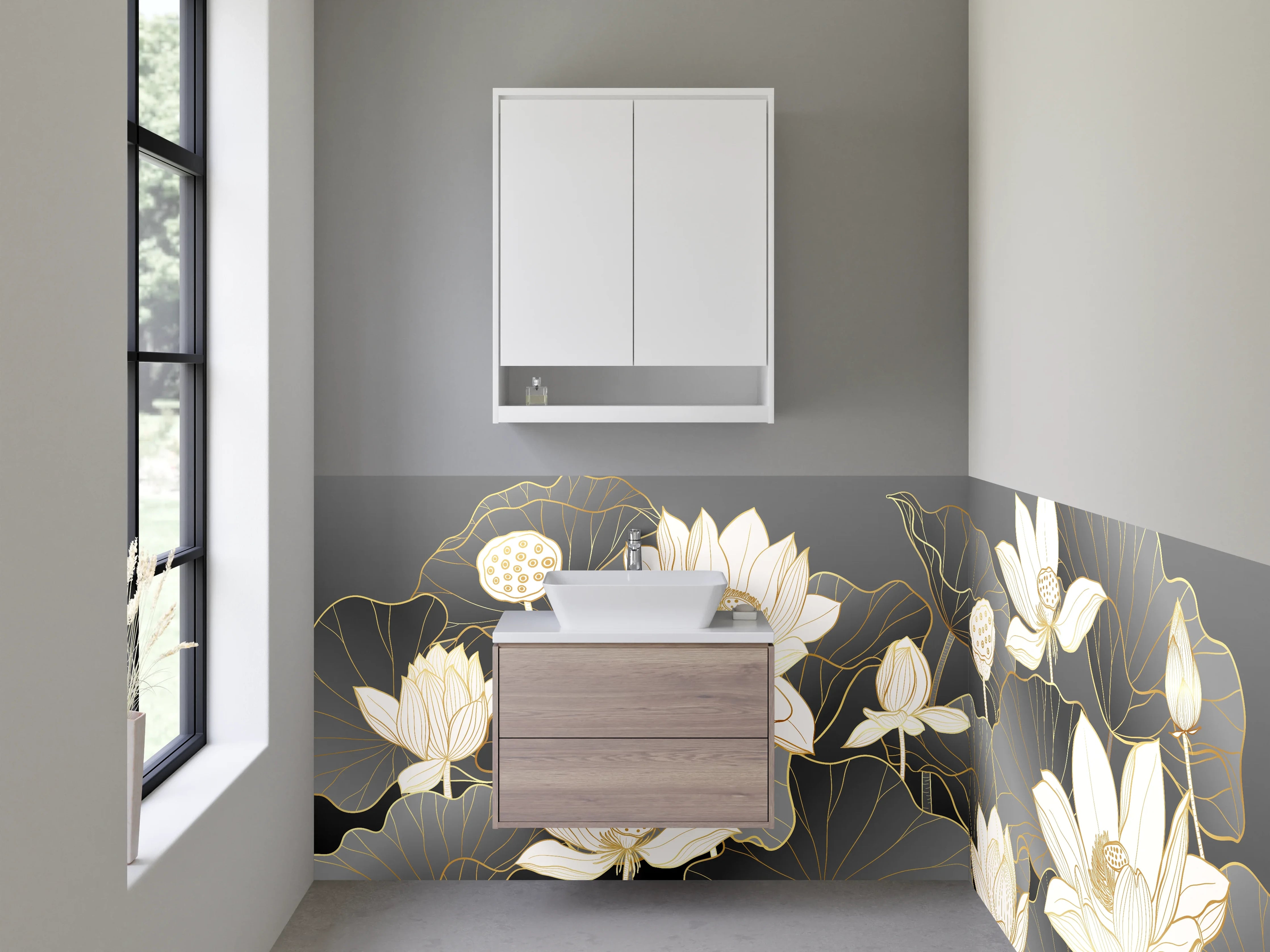 Waschbecken-Rückwand - Elegante Lotusblüten auf dunklem Hintergrund