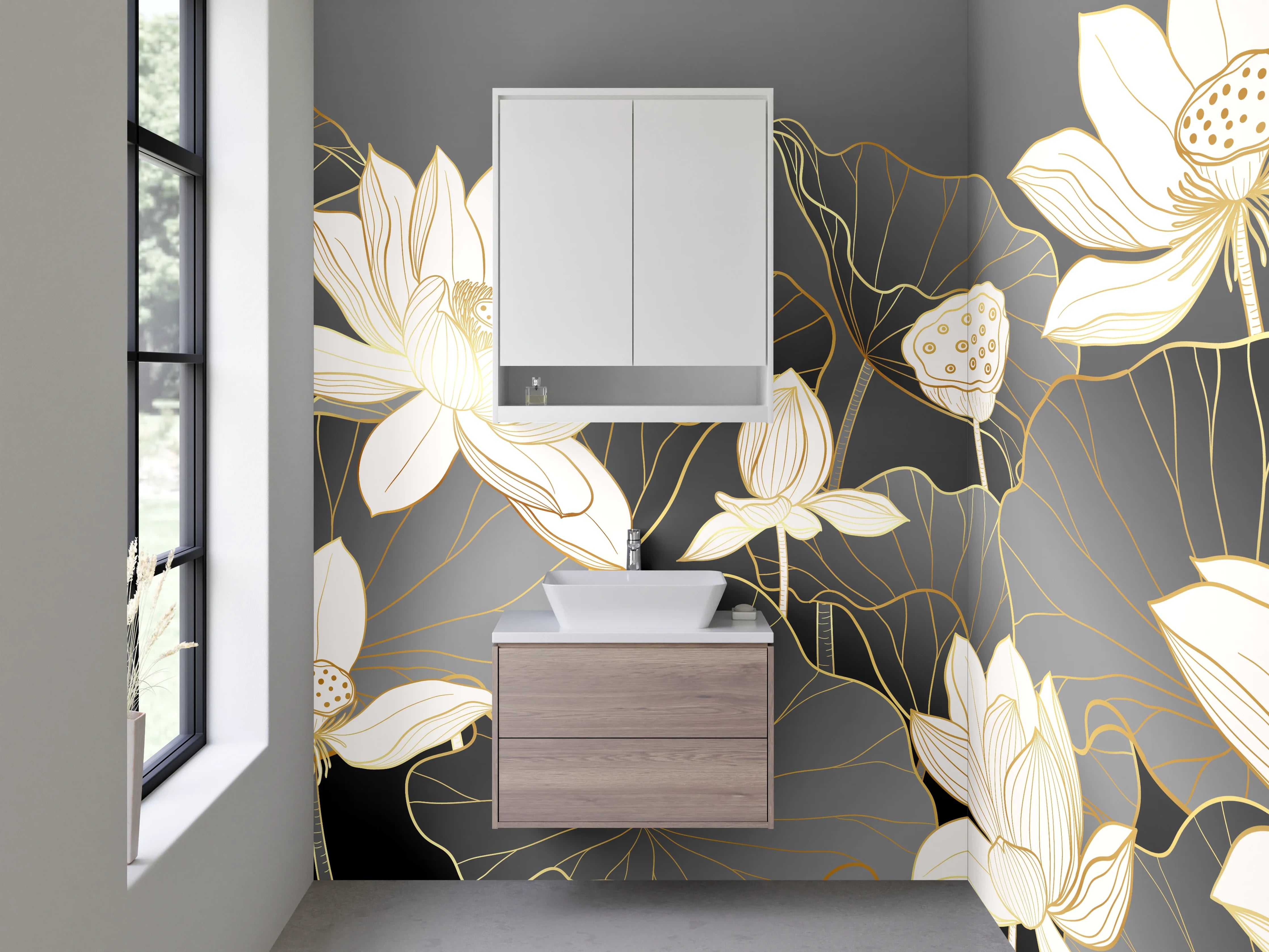 Waschbecken-Rückwand - Elegante Lotusblüten auf dunklem Hintergrund