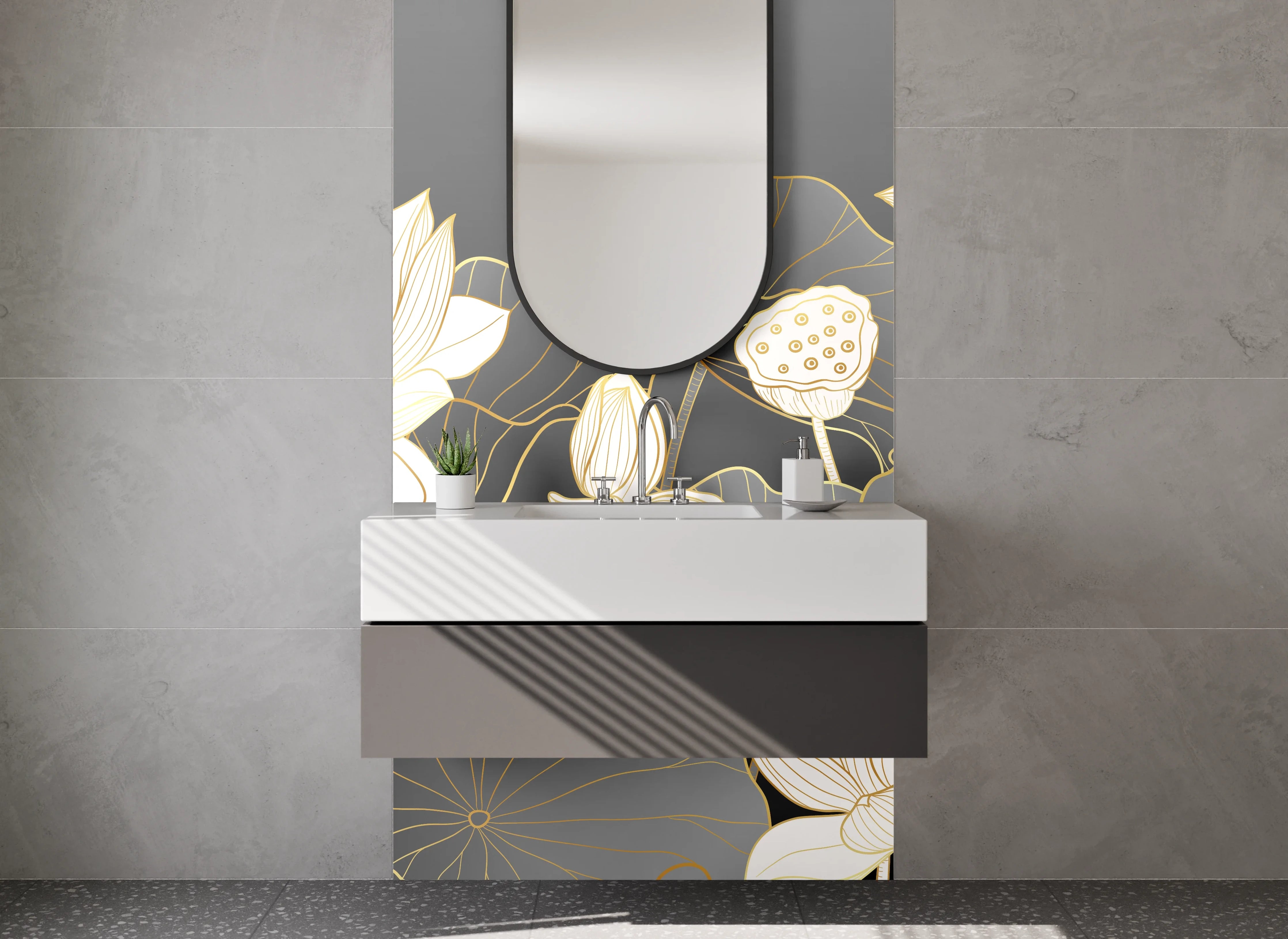 Waschbecken-Rückwand - Elegante Lotusblüten auf dunklem Hintergrund