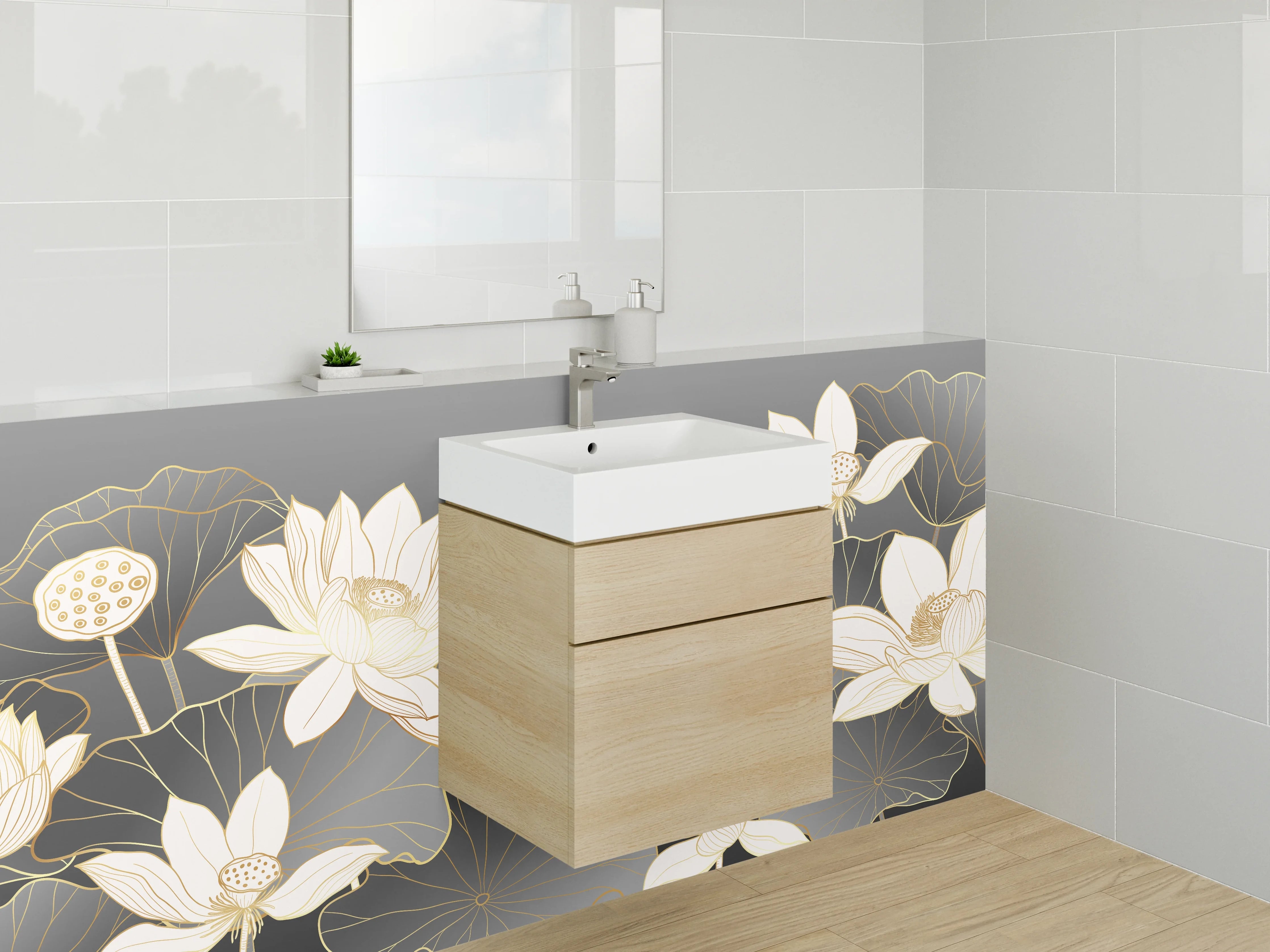 Waschbecken-Rückwand - Elegante Lotusblüten auf dunklem Hintergrund