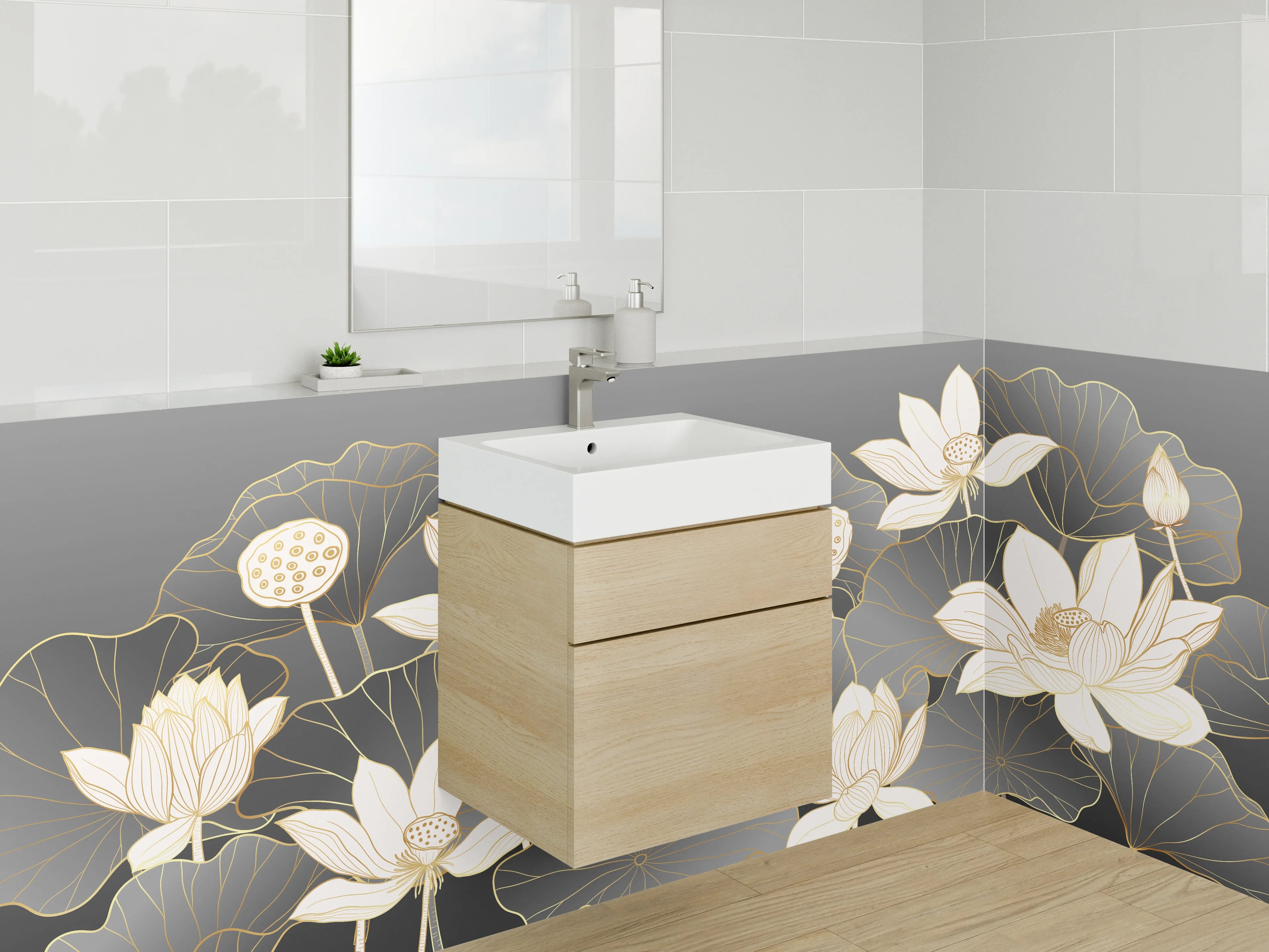 Waschbecken-Rückwand - Elegante Lotusblüten auf dunklem Hintergrund