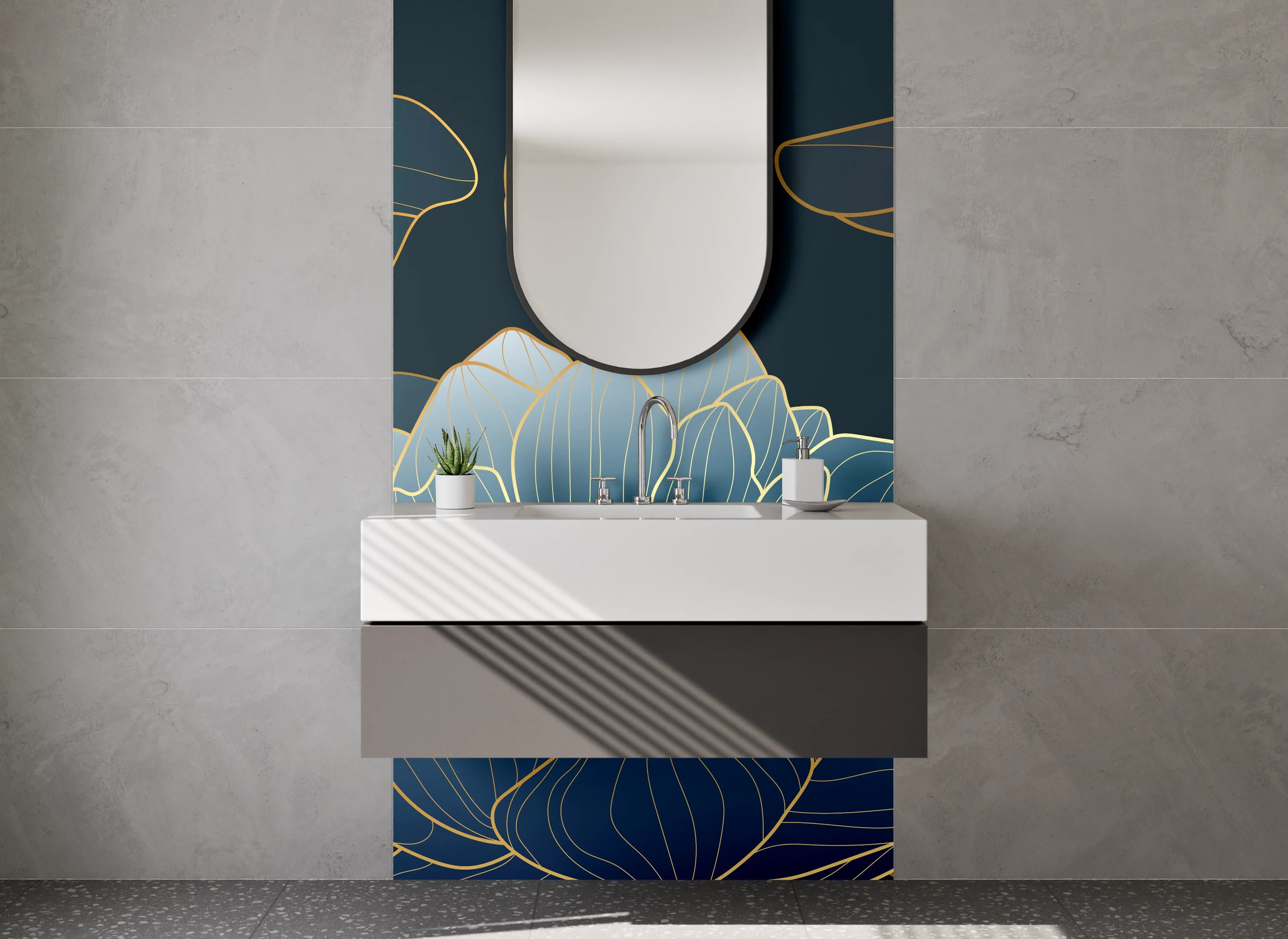 Waschbecken-Rückwand - Elegante Lotusblumen Lineart Blau Gold