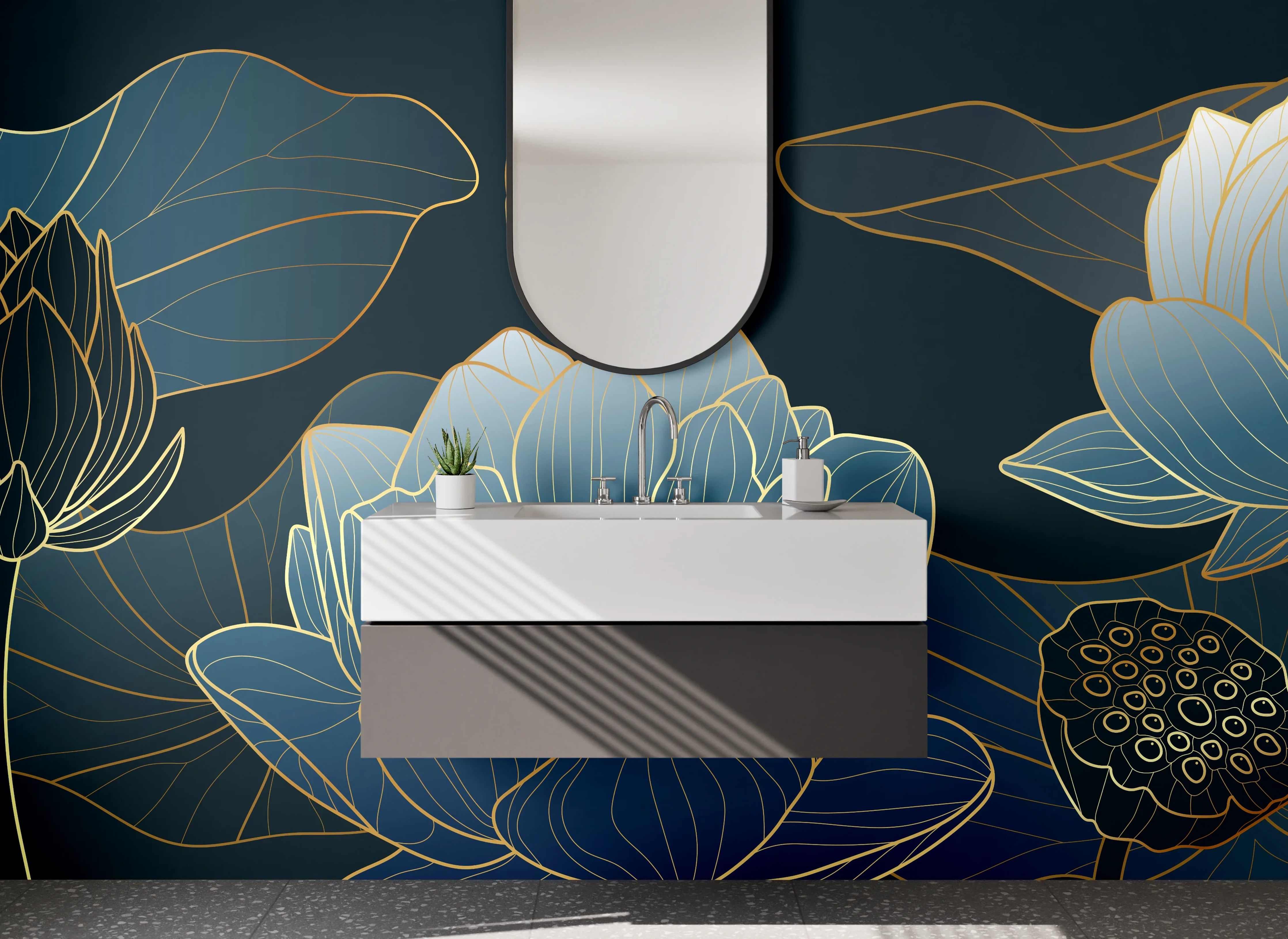 Waschbecken-Rückwand - Elegante Lotusblumen Lineart Blau Gold