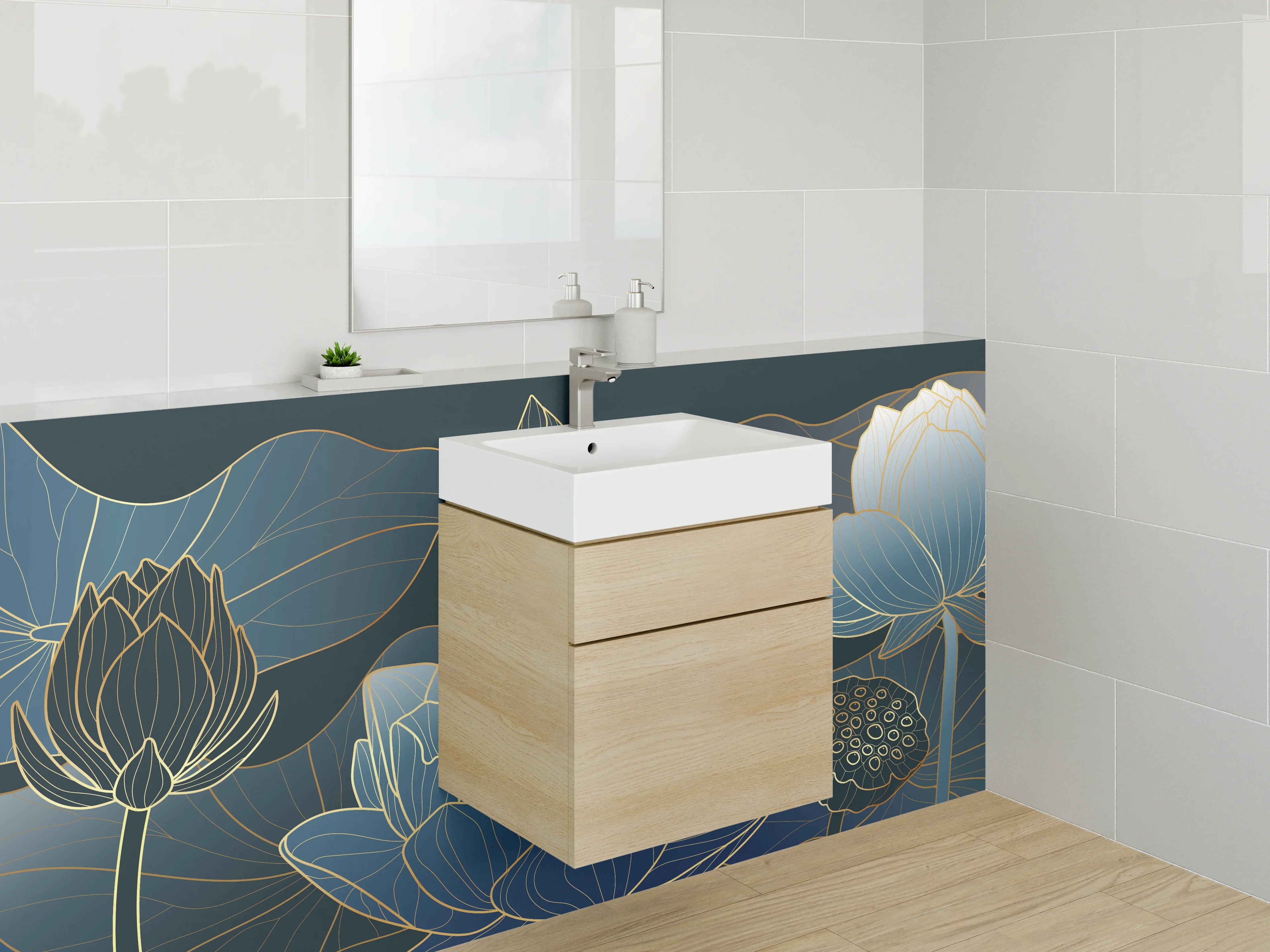 Waschbecken-Rückwand - Elegante Lotusblumen Lineart Blau Gold