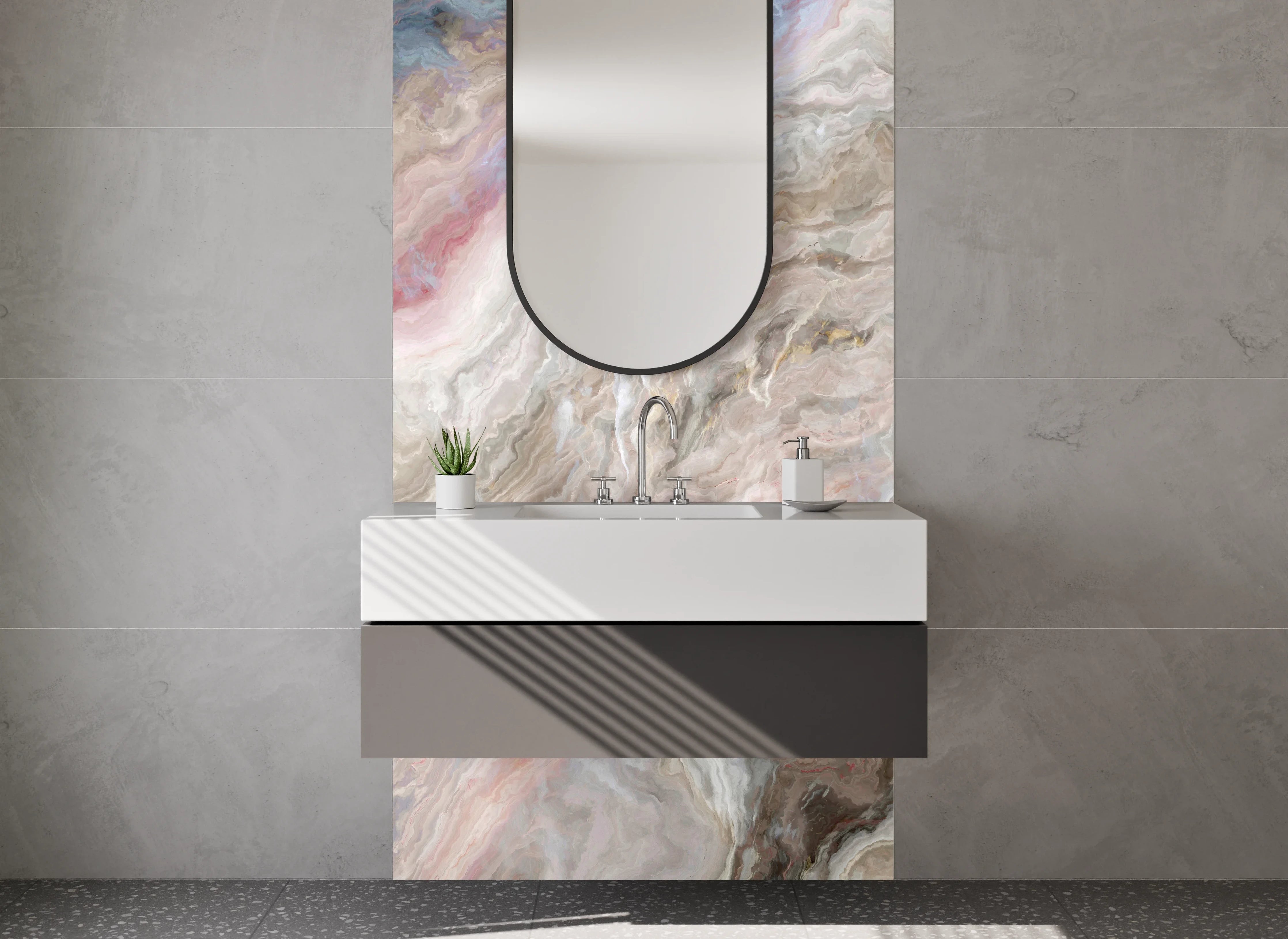 Waschbecken-Rückwand - Elegante Marmor-Optik in Rosa und Beige