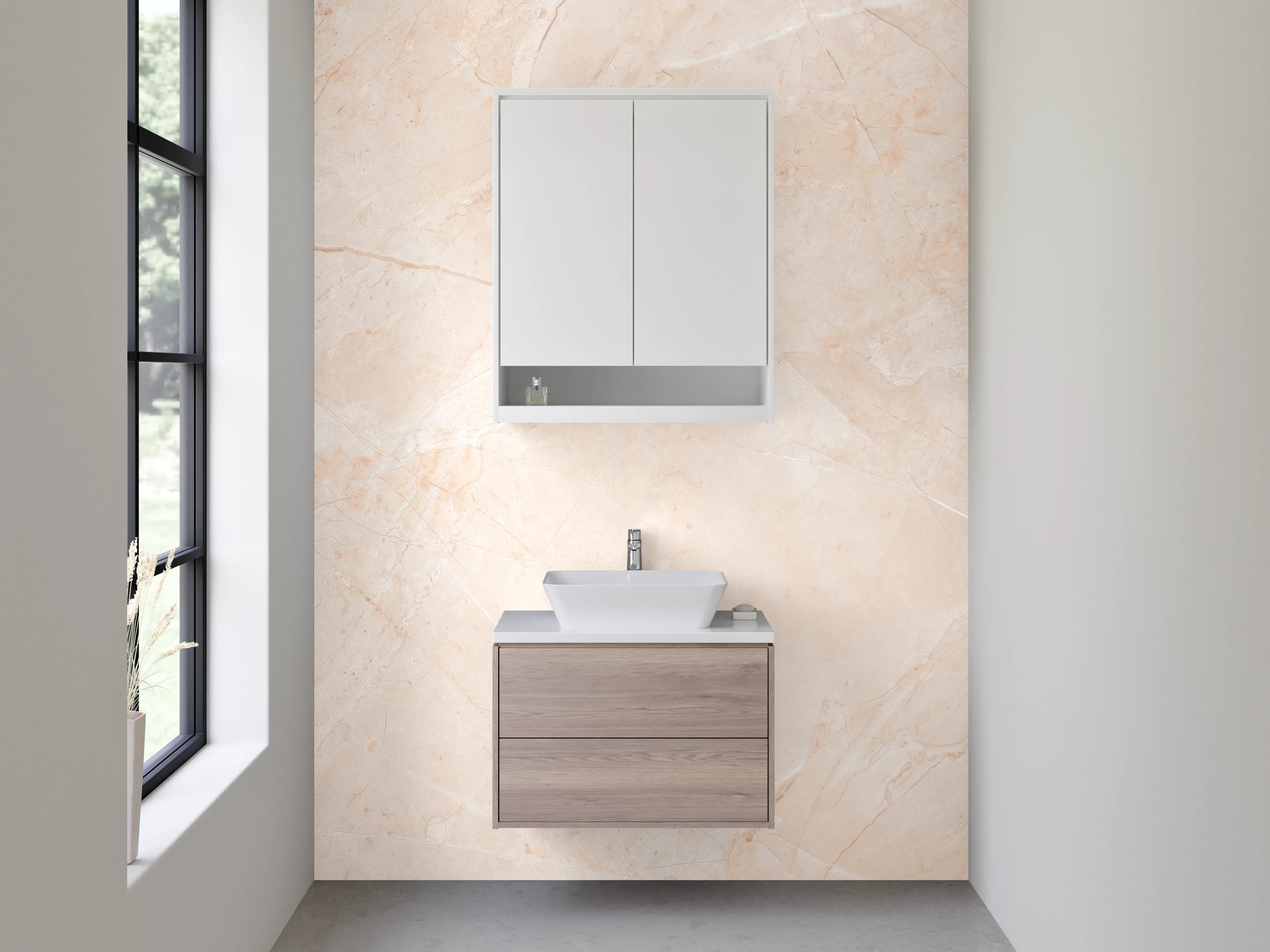 Waschbecken-Rückwand - Elegante Marmoroptik in Beige und Weiß