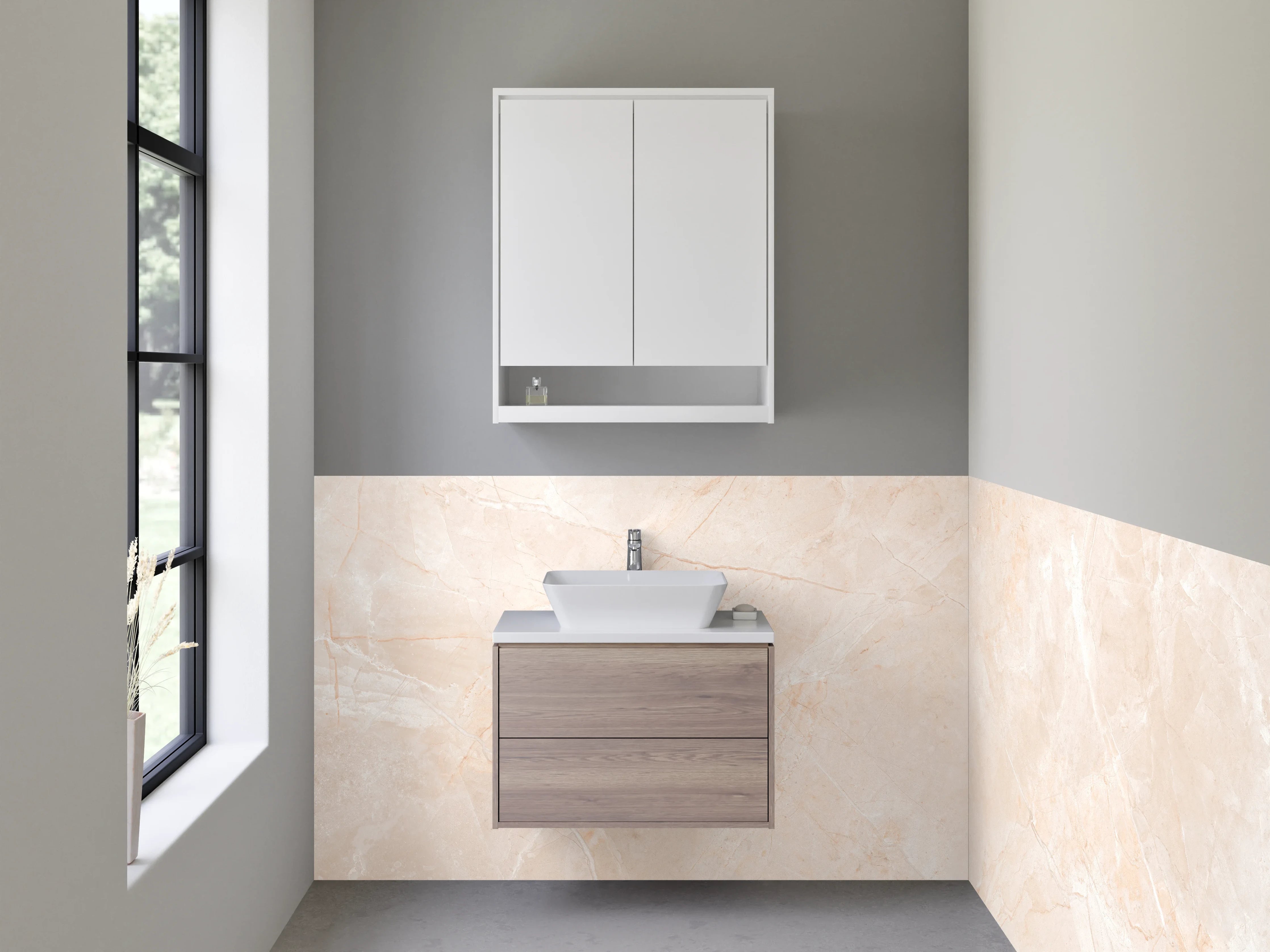 Waschbecken-Rückwand - Elegante Marmoroptik in Beige und Weiß
