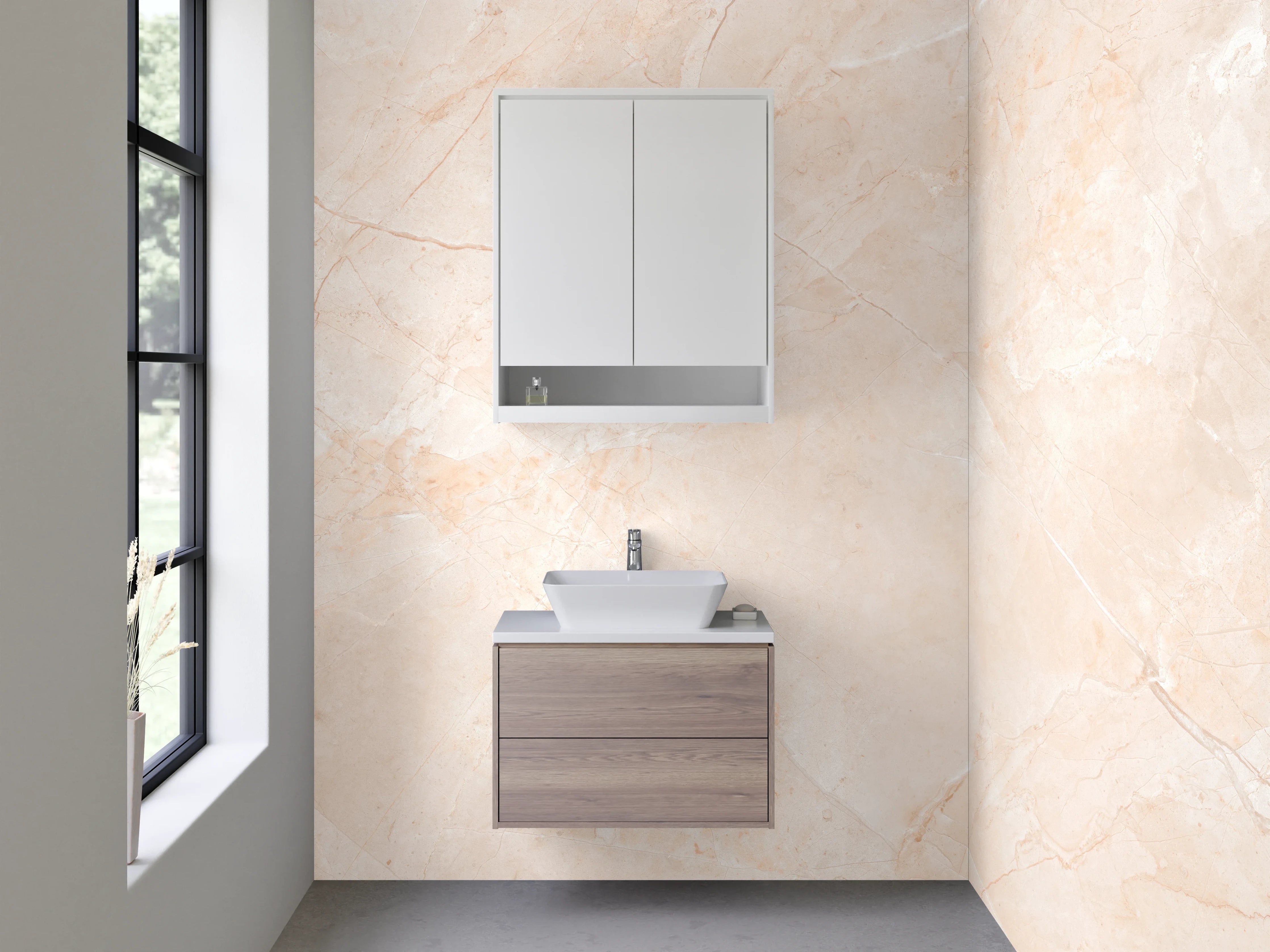 Waschbecken-Rückwand - Elegante Marmoroptik in Beige und Weiß