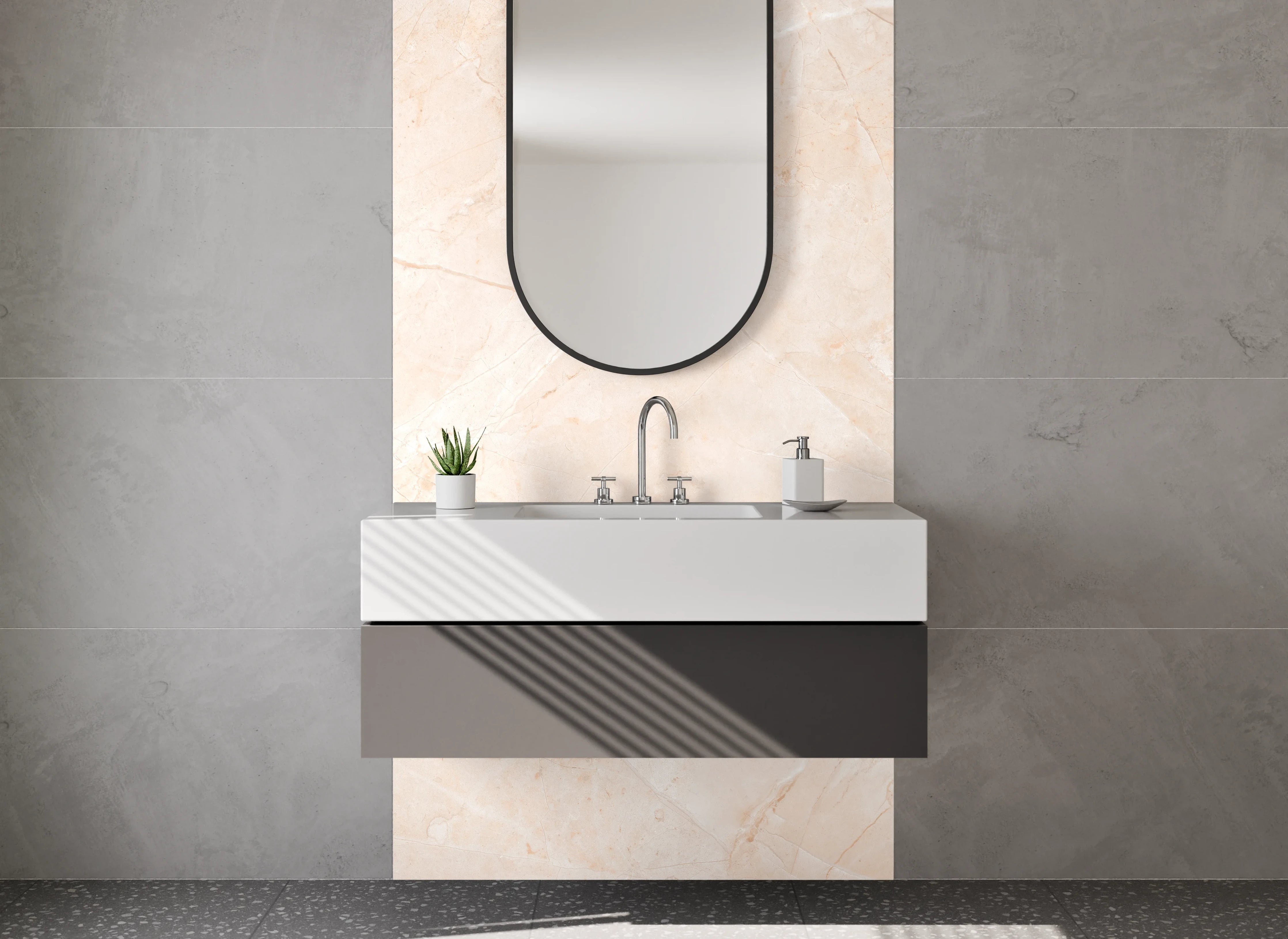 Waschbecken-Rückwand - Elegante Marmoroptik in Beige und Weiß