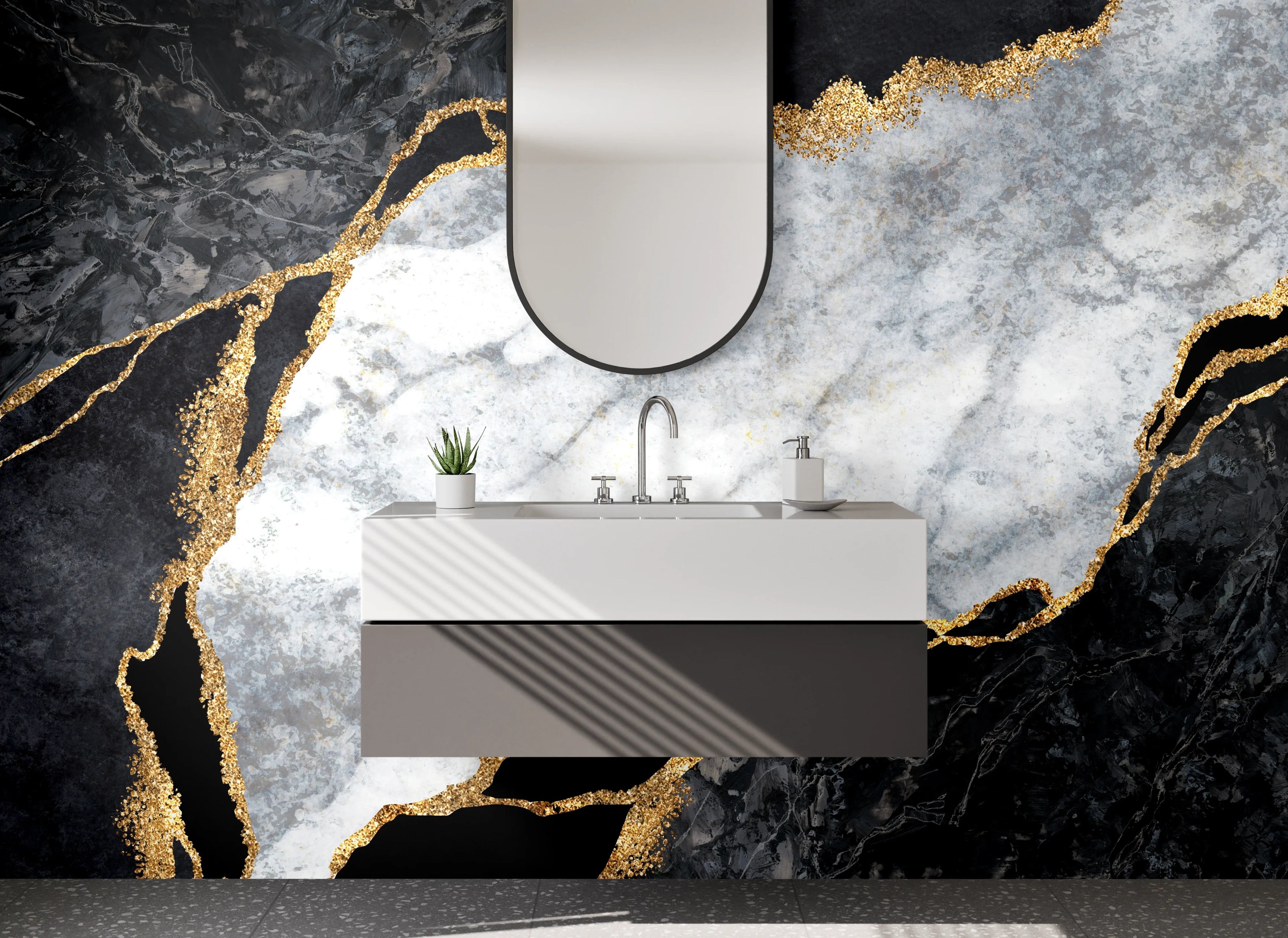 Waschbecken-Rückwand - Elegante Marmoroptik in Schwarz und Weiß