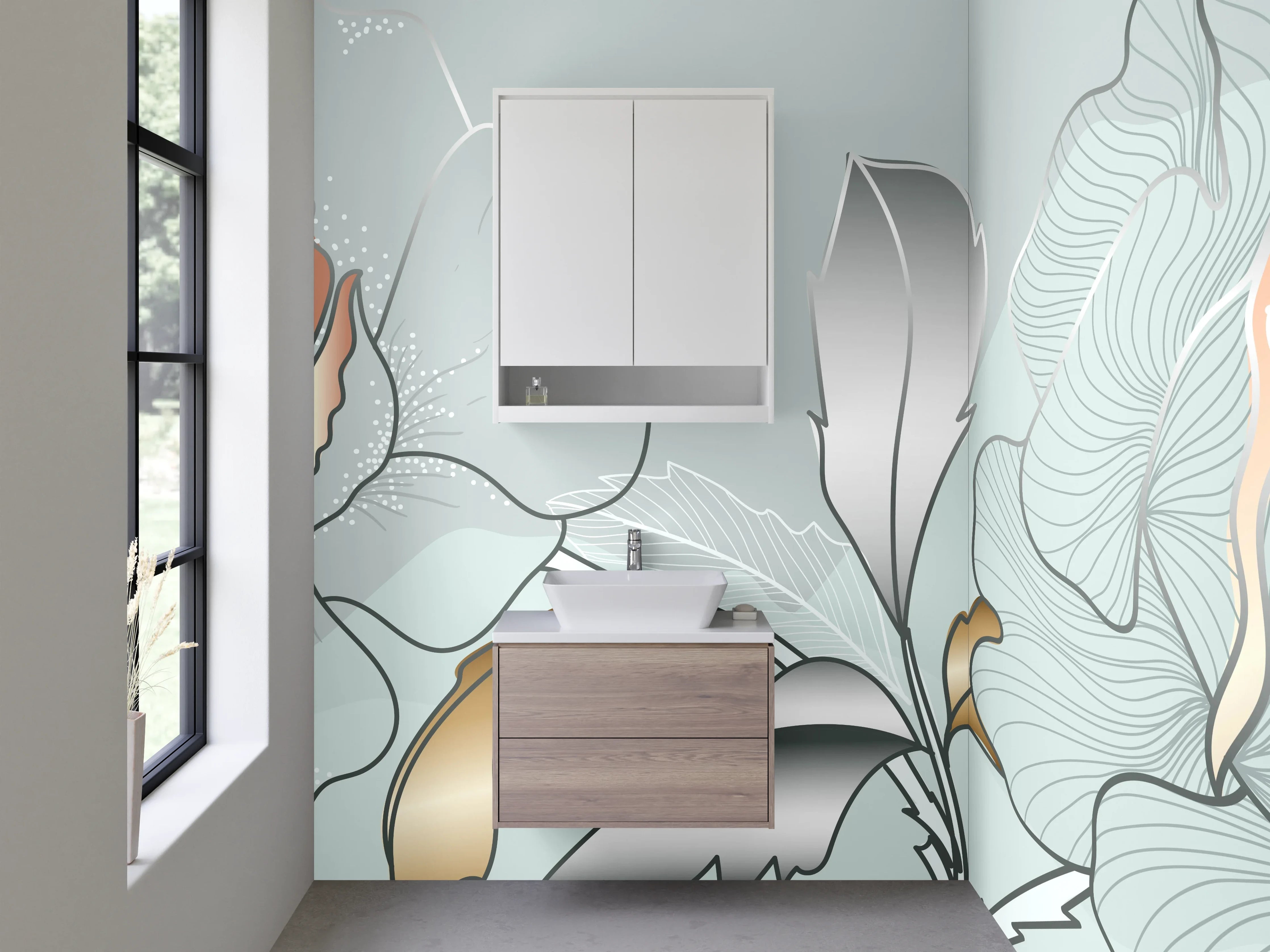 Waschbecken-Rückwand - Elegante Rosen Lineart Silber & Gold