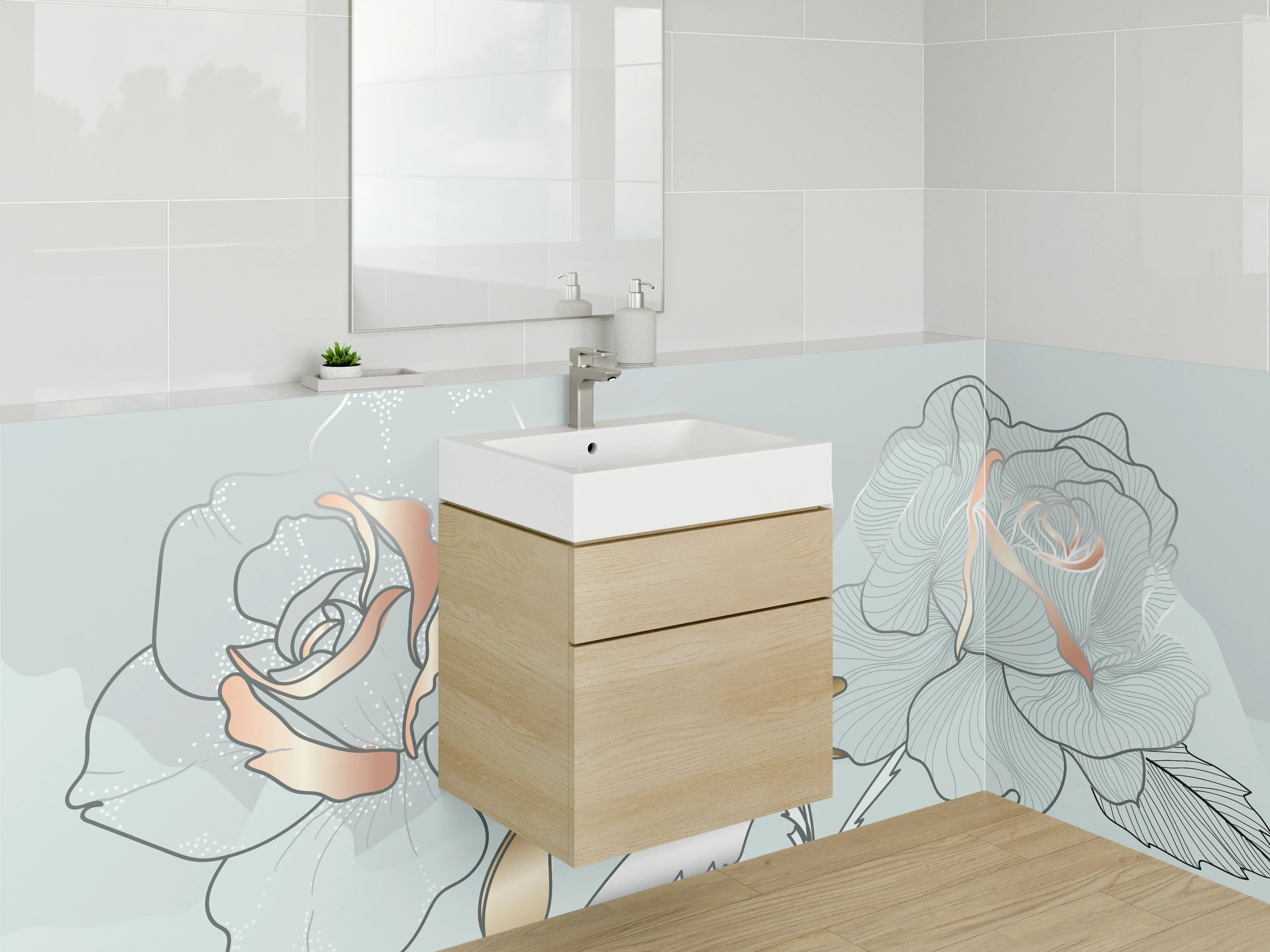 Waschbecken-Rückwand - Elegante Rosen Lineart Silber & Gold