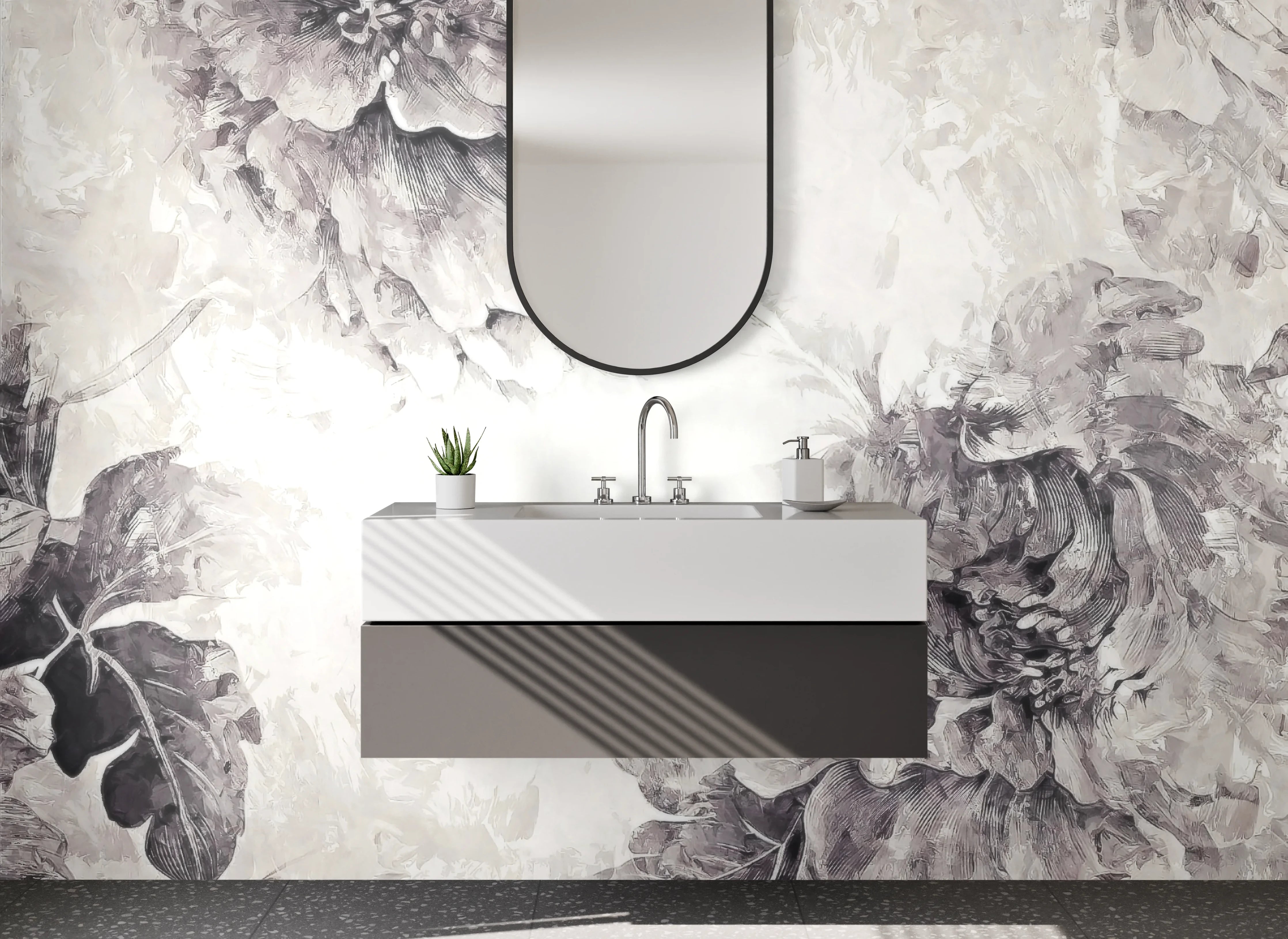 Waschbecken-Rückwand - Elegante Schwarz-Weiß-Blumen Aquarell