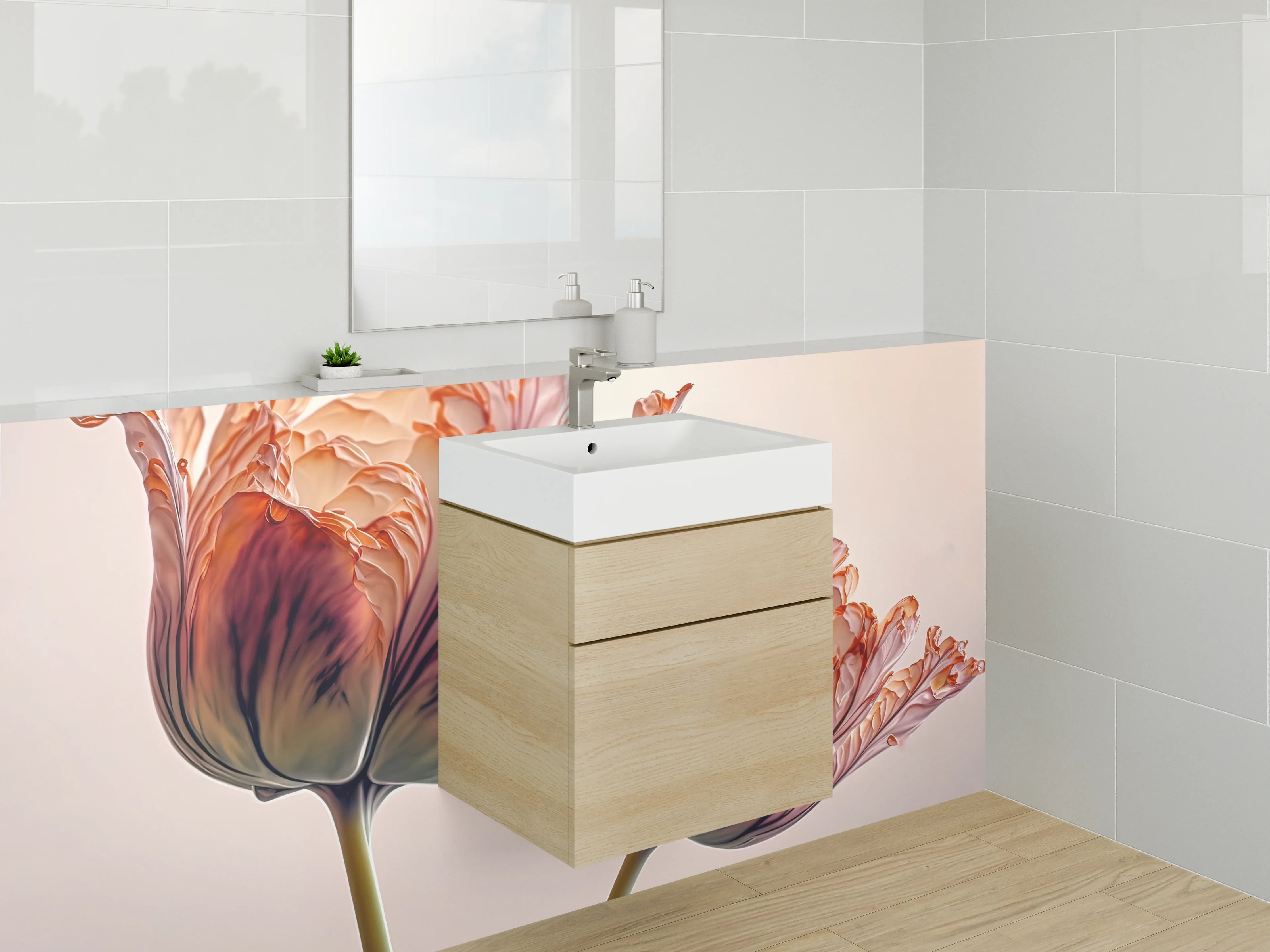 Waschbecken-Rückwand - Elegante Tulpen-Blüten auf zurückhaltendem Fond