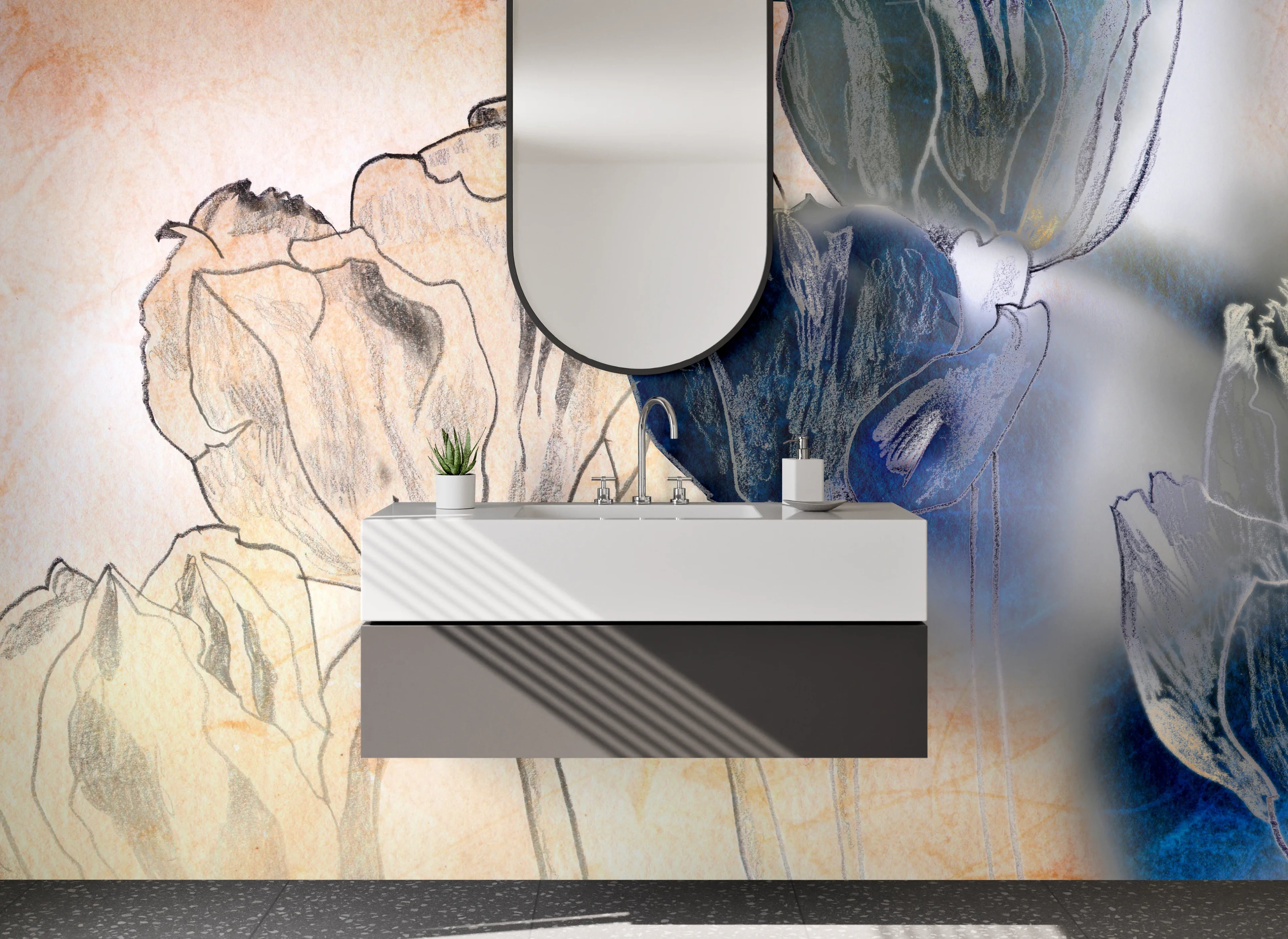 Waschbecken-Rückwand - Elegante Tulpen Line Art Blau Beige