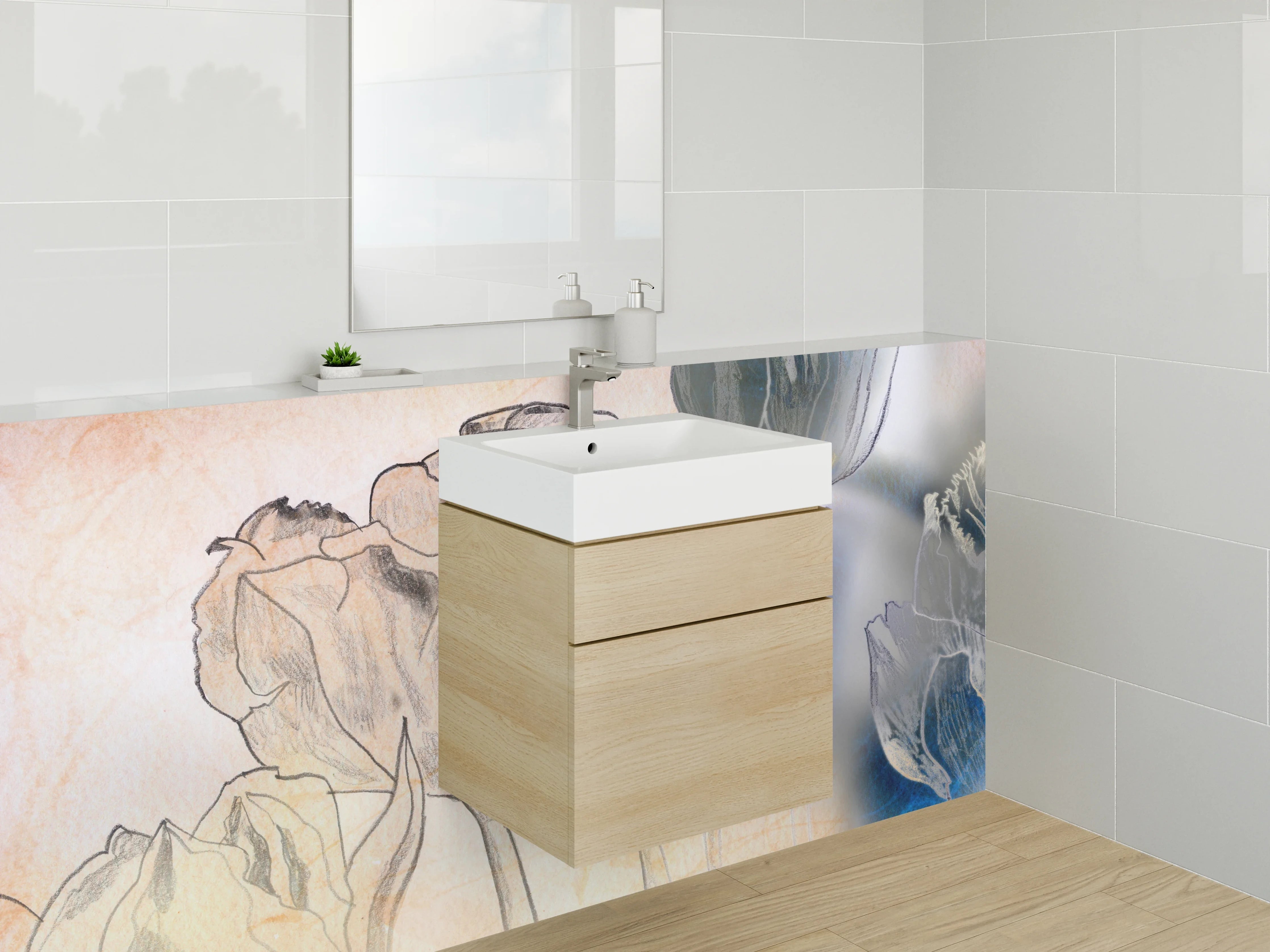 Waschbecken-Rückwand - Elegante Tulpen Line Art Blau Beige