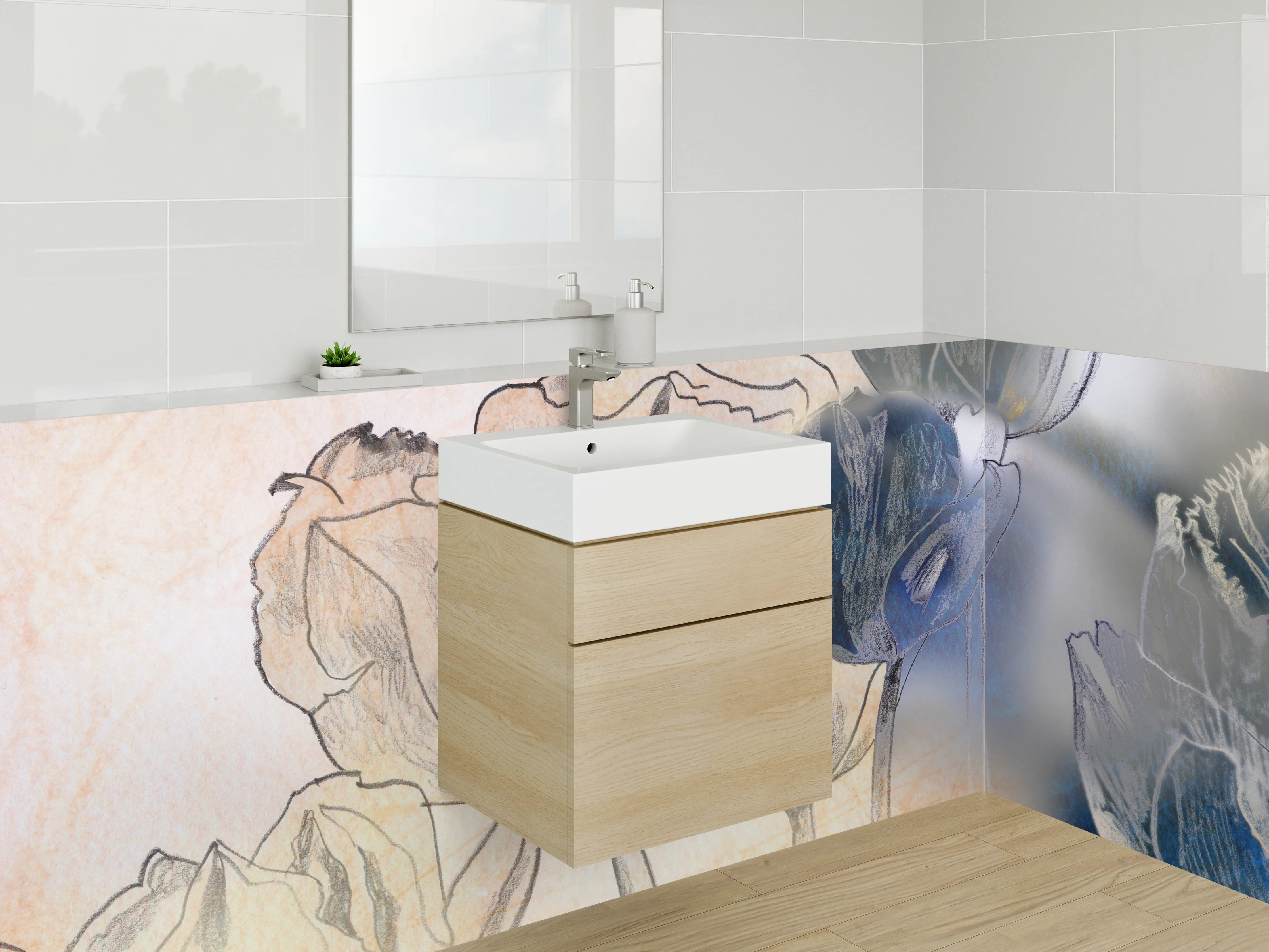 Waschbecken-Rückwand - Elegante Tulpen Line Art Blau Beige