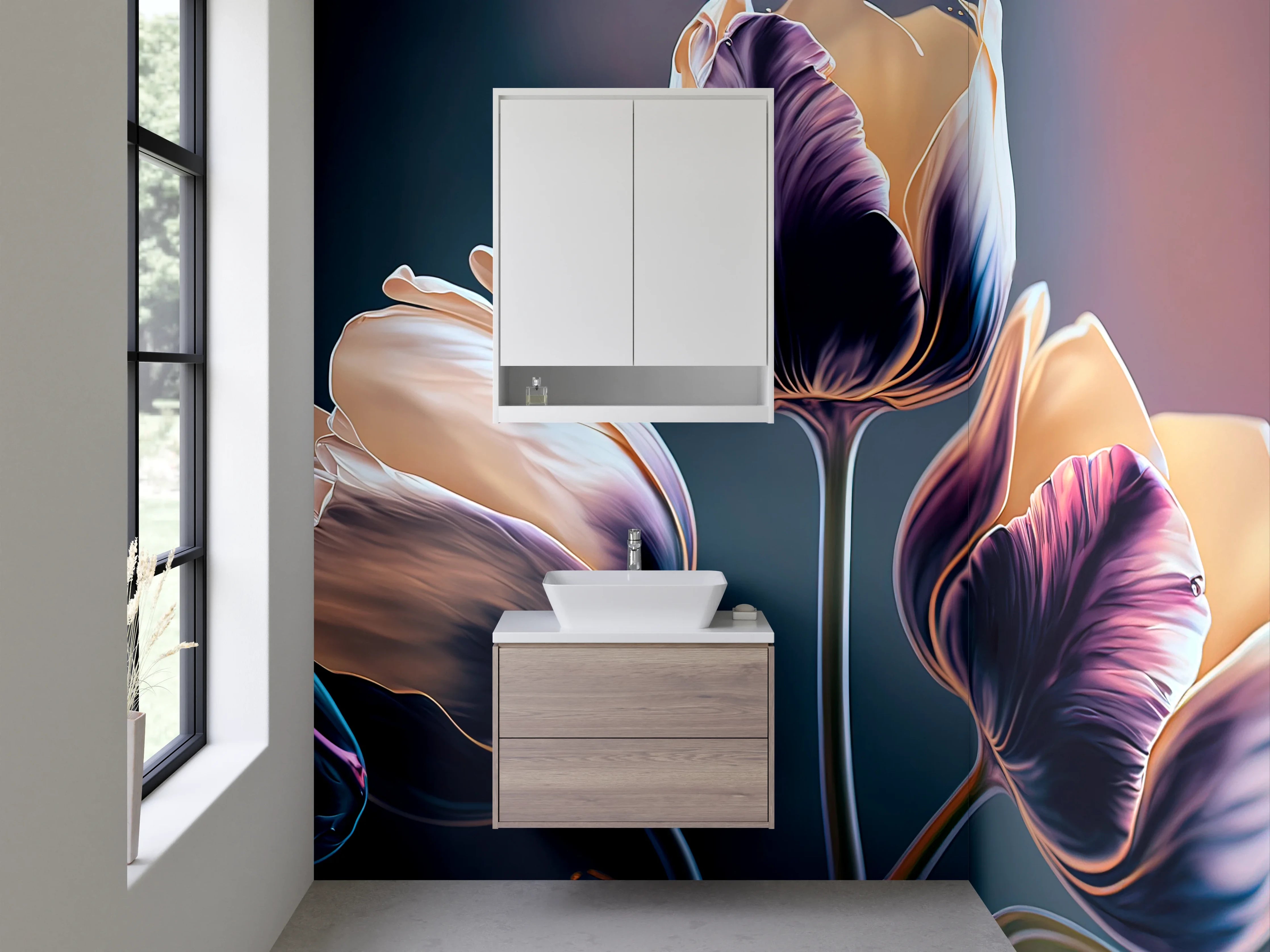 Waschbecken-Rückwand - Elegante Tulpen in Violett und Creme