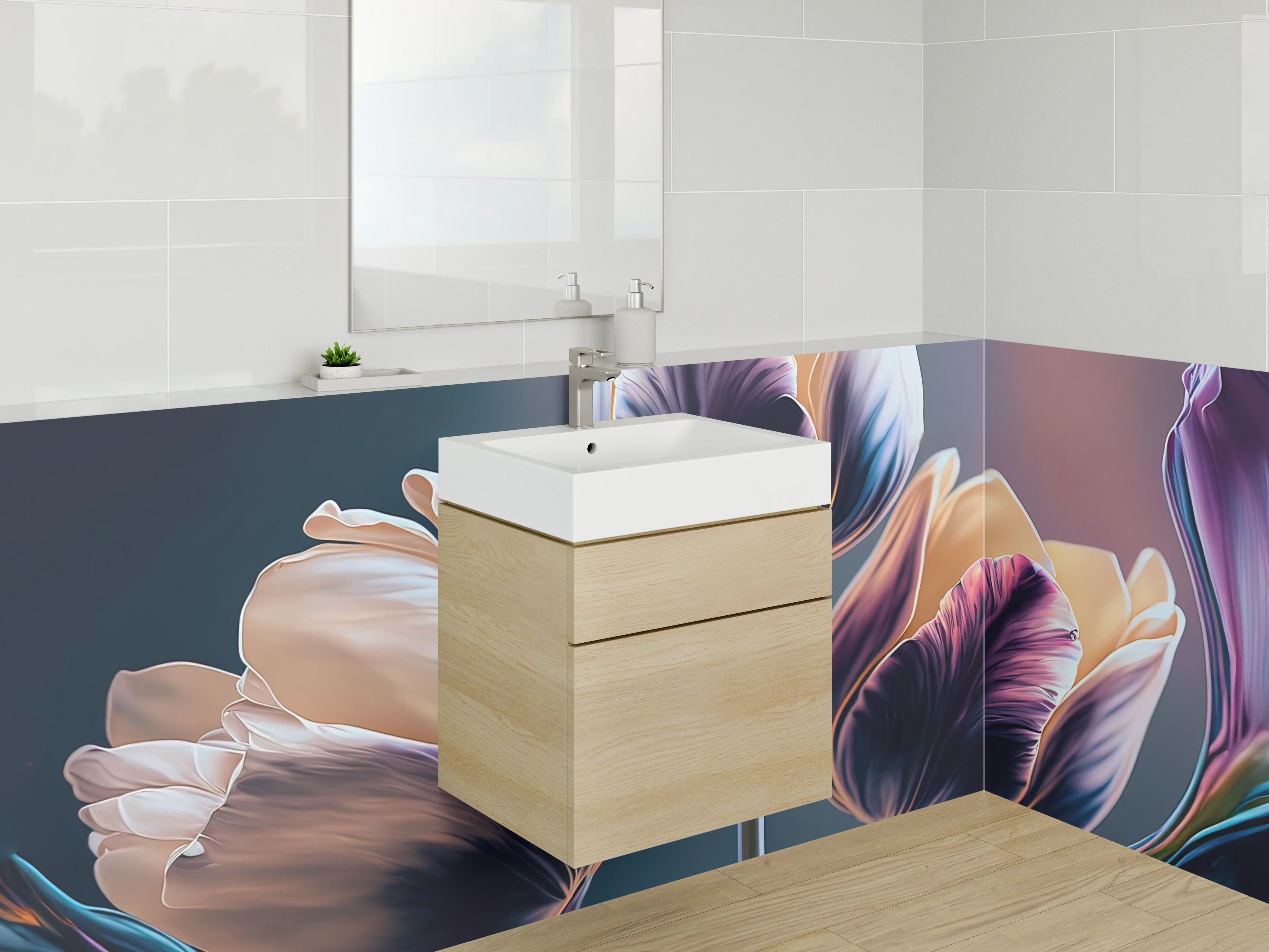Waschbecken-Rückwand - Elegante Tulpen in Violett und Creme