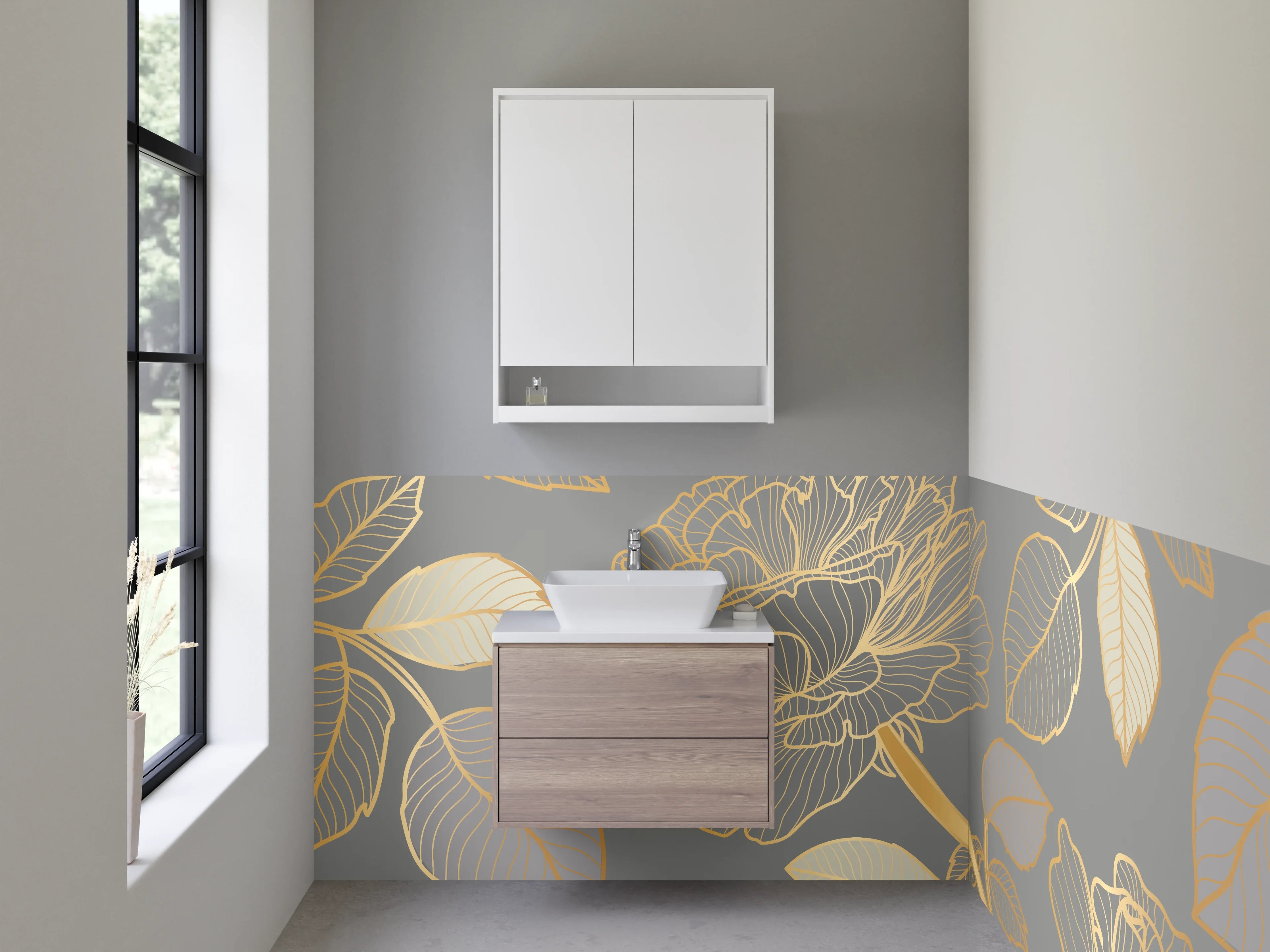 Waschbecken-Rückwand - Elegante Weißgold-Blüten auf Rauchgrau
