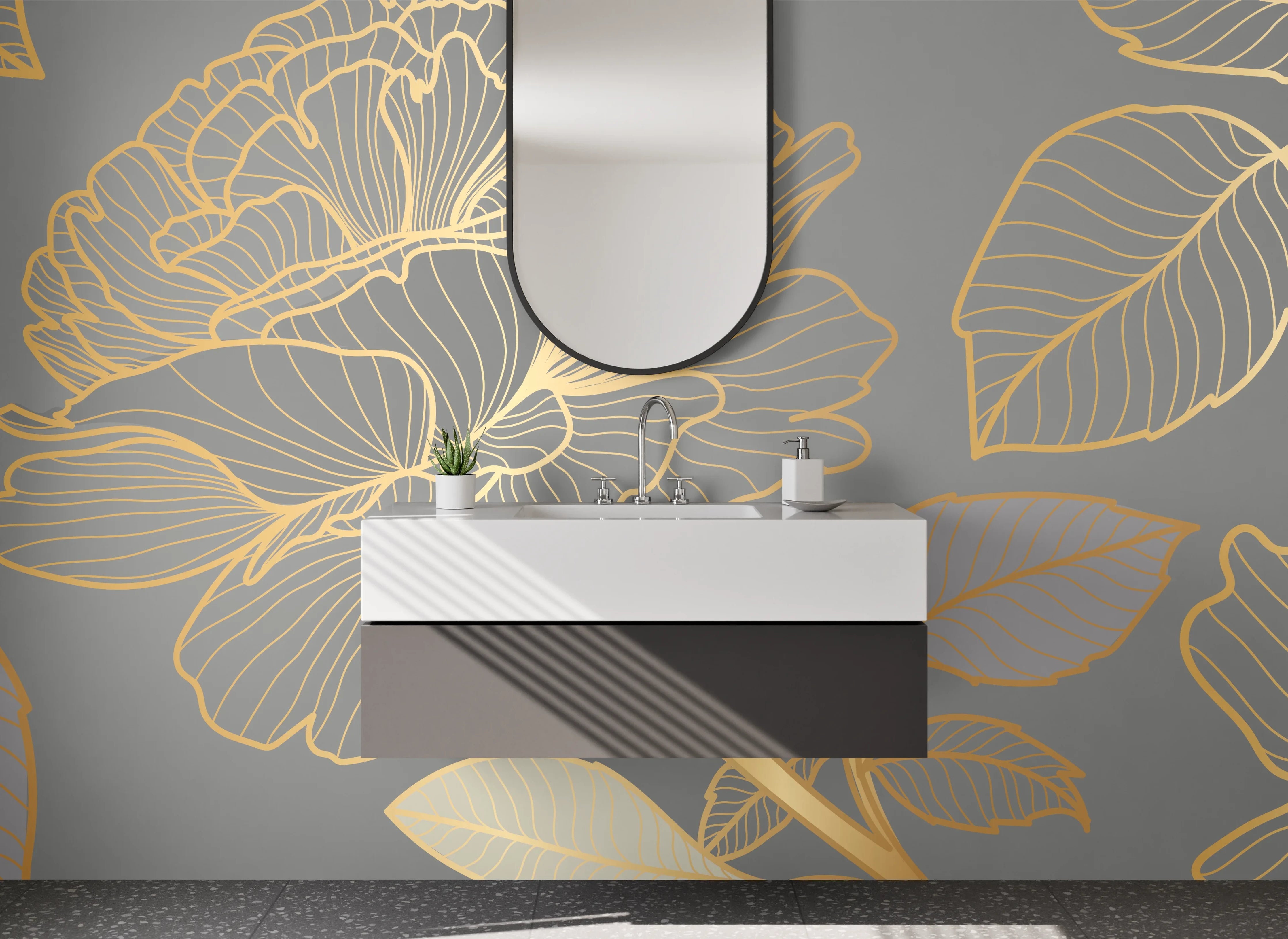 Waschbecken-Rückwand - Elegante Weißgold-Blüten auf Rauchgrau