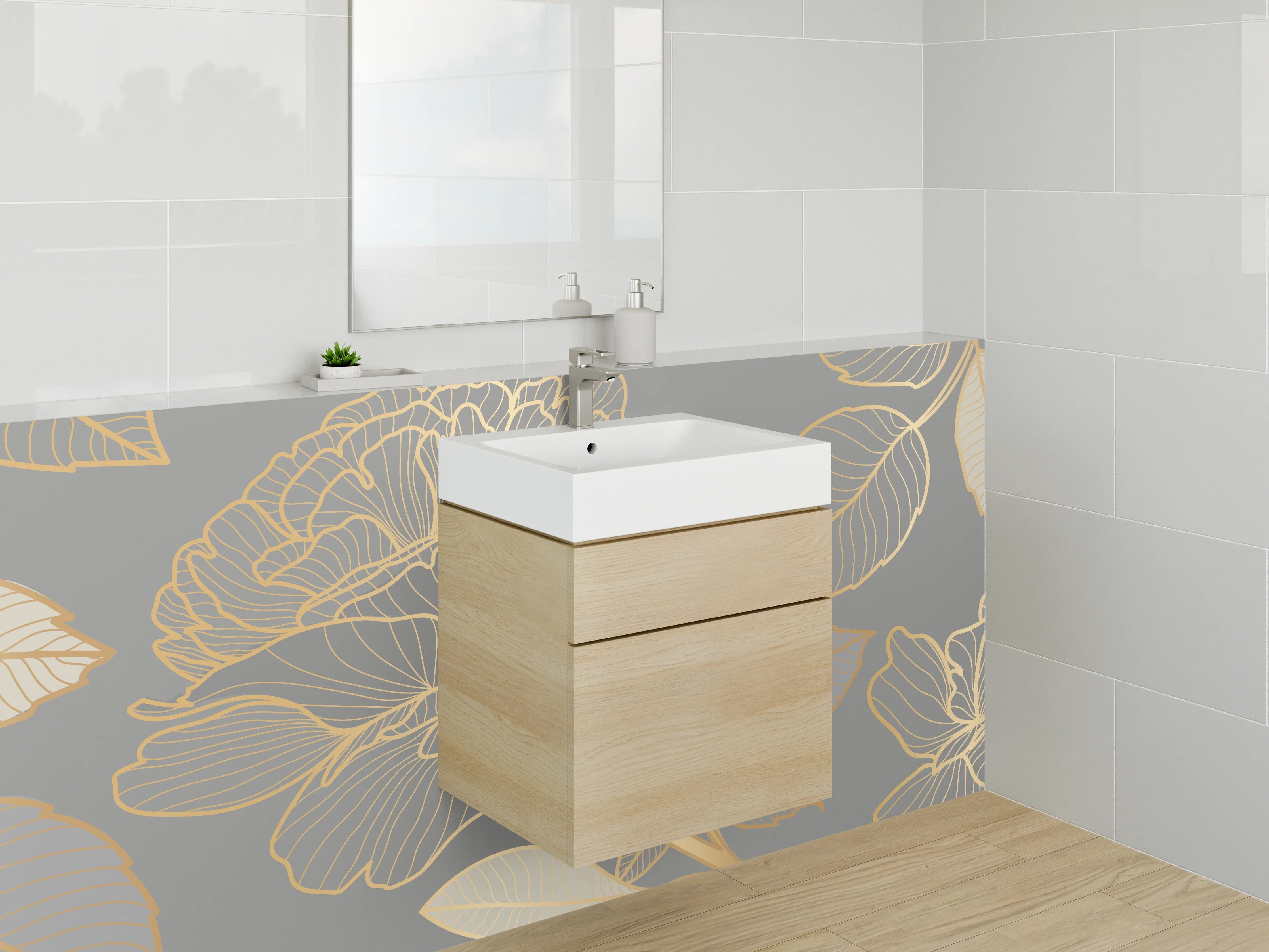 Waschbecken-Rückwand - Elegante Weißgold-Blüten auf Rauchgrau