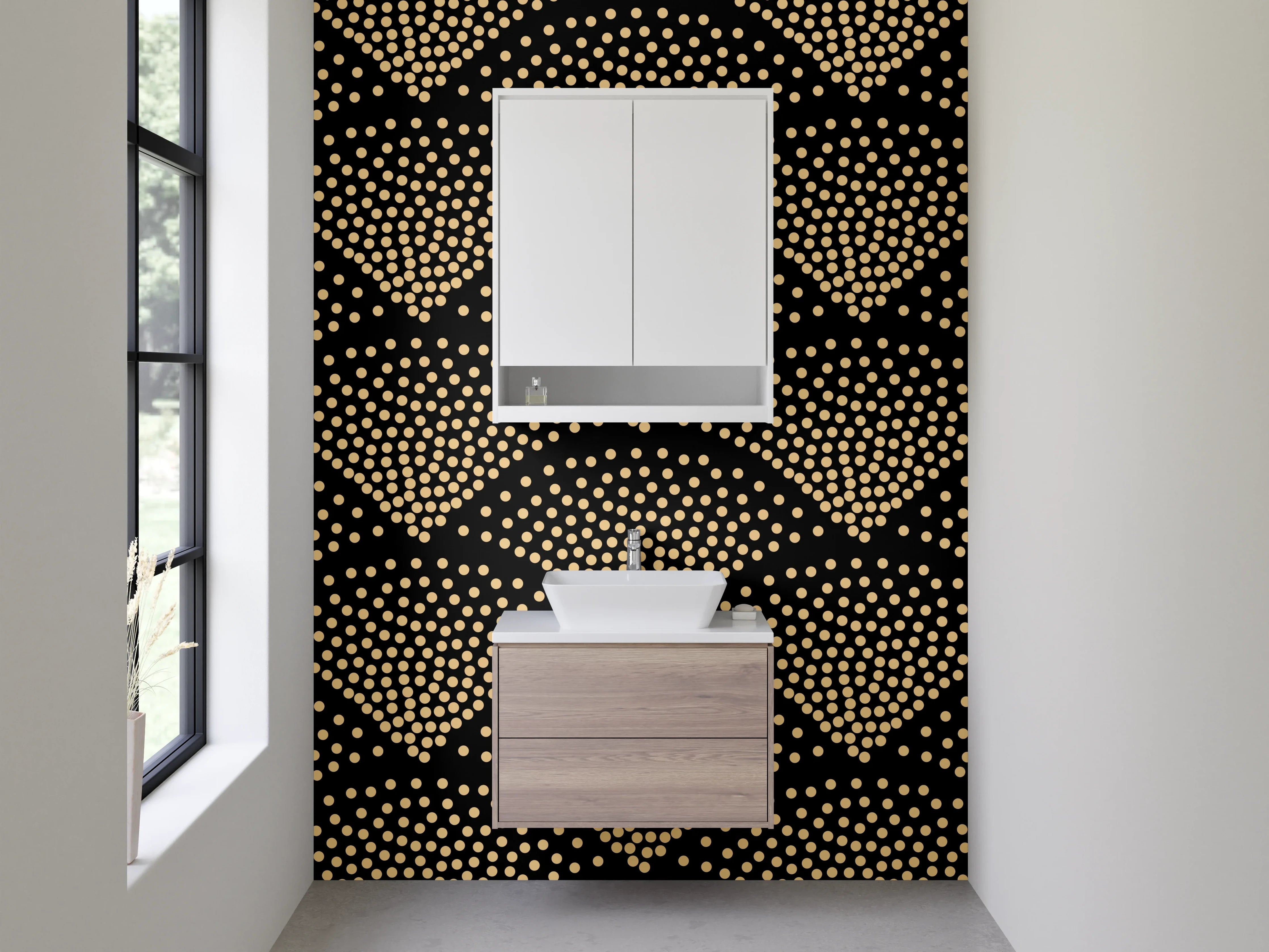 Waschbecken-Rückwand - Elegante Wellen in Schwarz, Gold und Grau