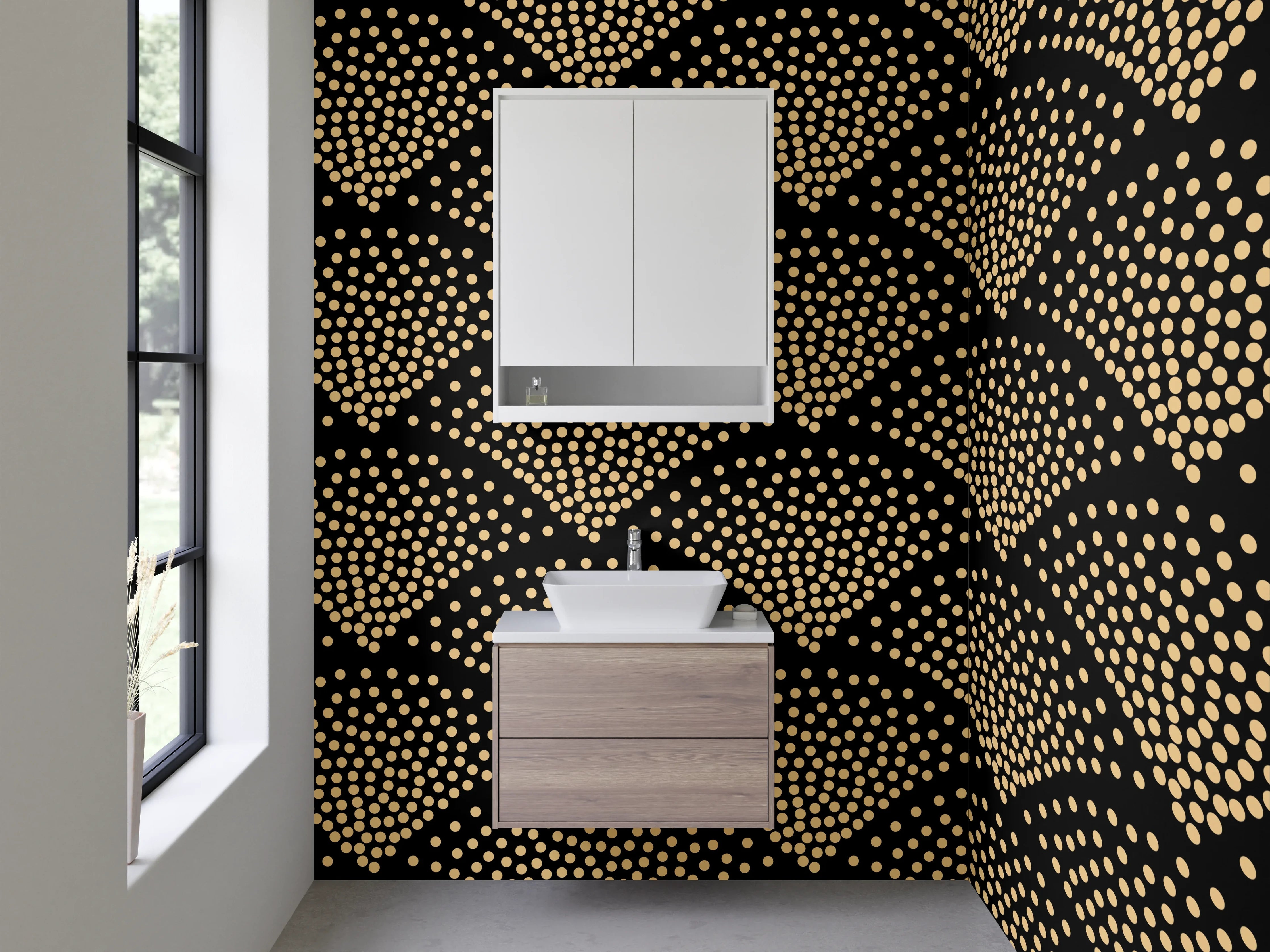 Waschbecken-Rückwand - Elegante Wellen in Schwarz, Gold und Grau
