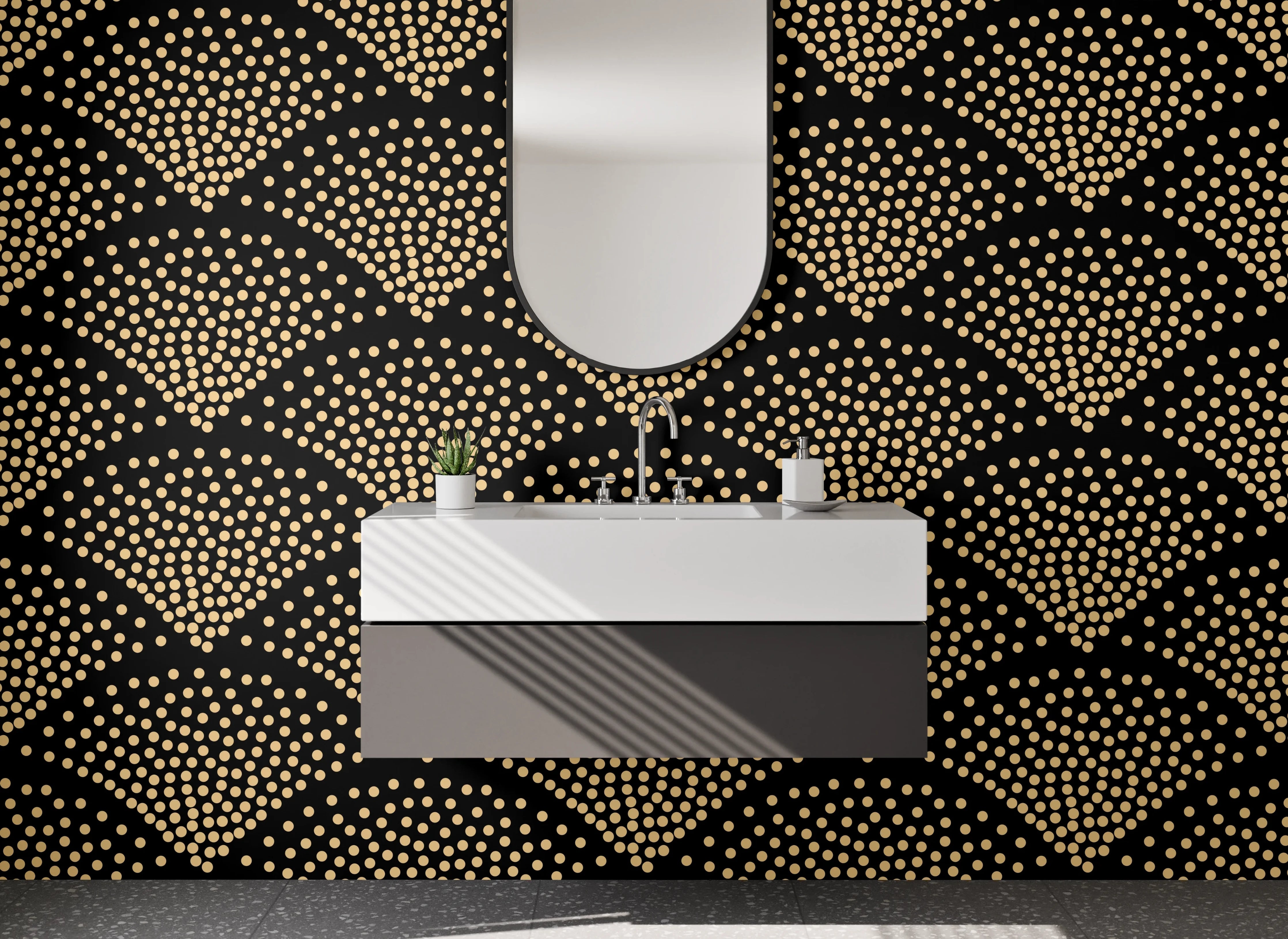 Waschbecken-Rückwand - Elegante Wellen in Schwarz, Gold und Grau