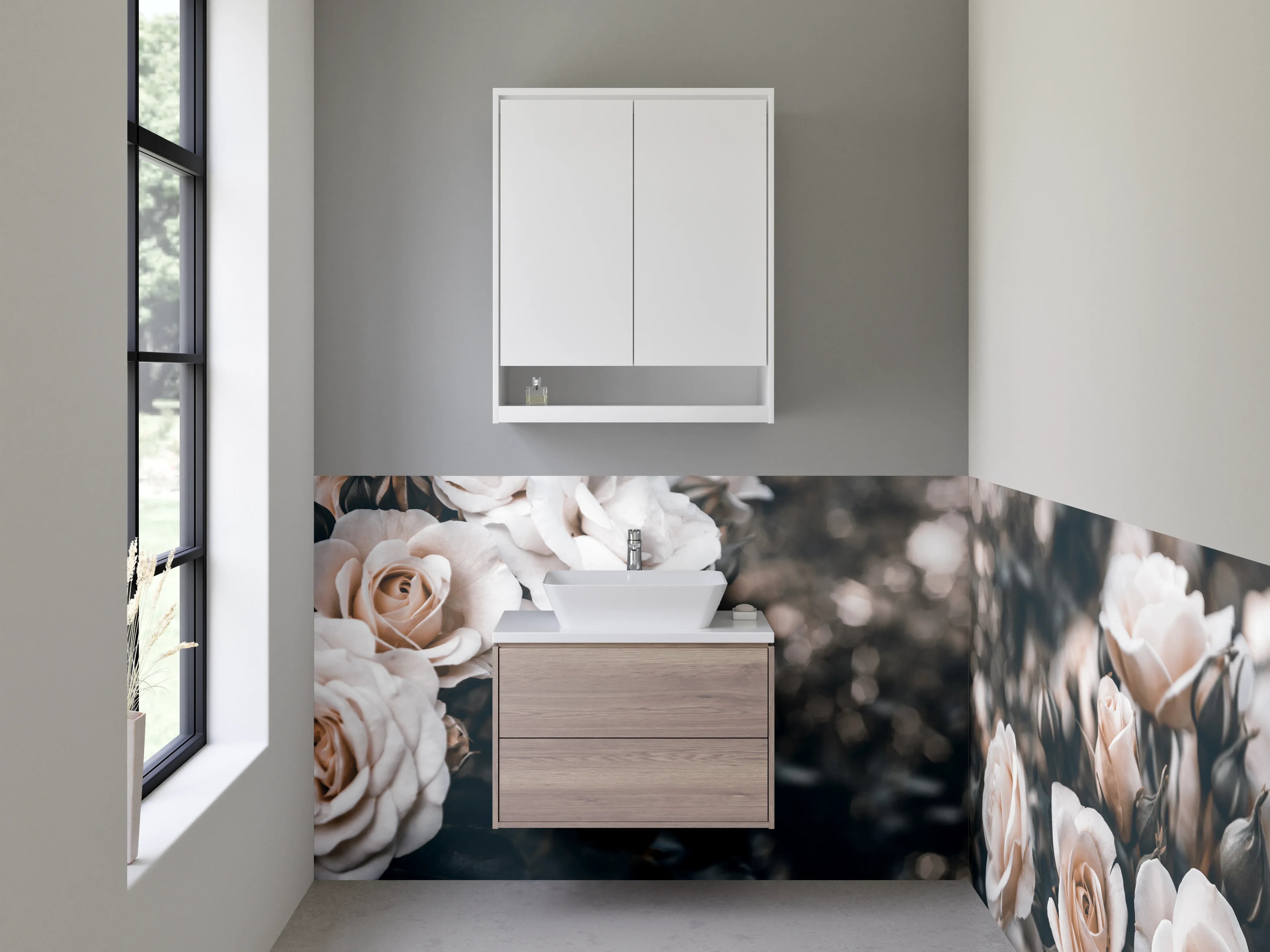 Waschbecken-Rückwand - Elegante cremeweiße Rosenblüten