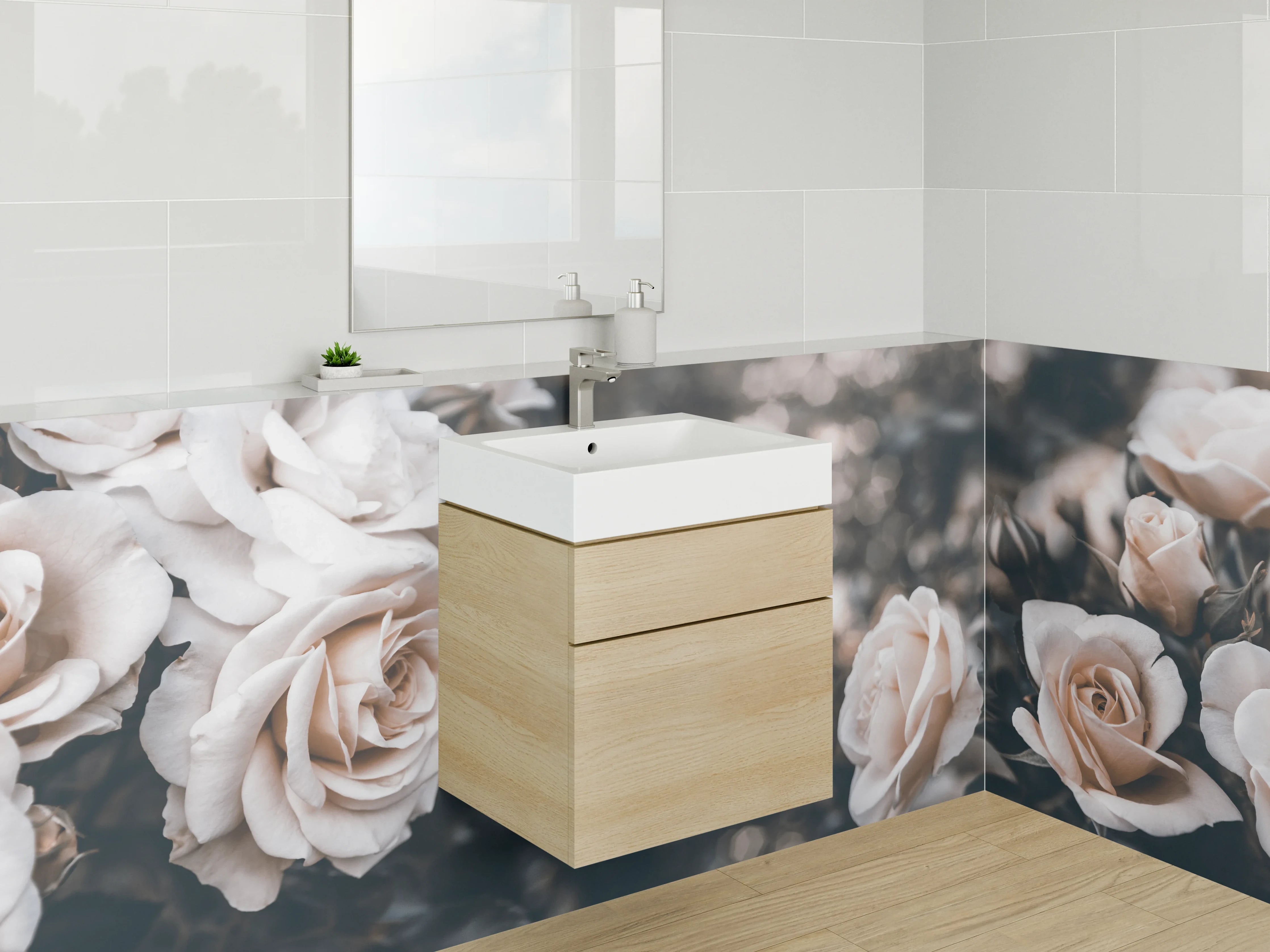 Waschbecken-Rückwand - Elegante cremeweiße Rosenblüten