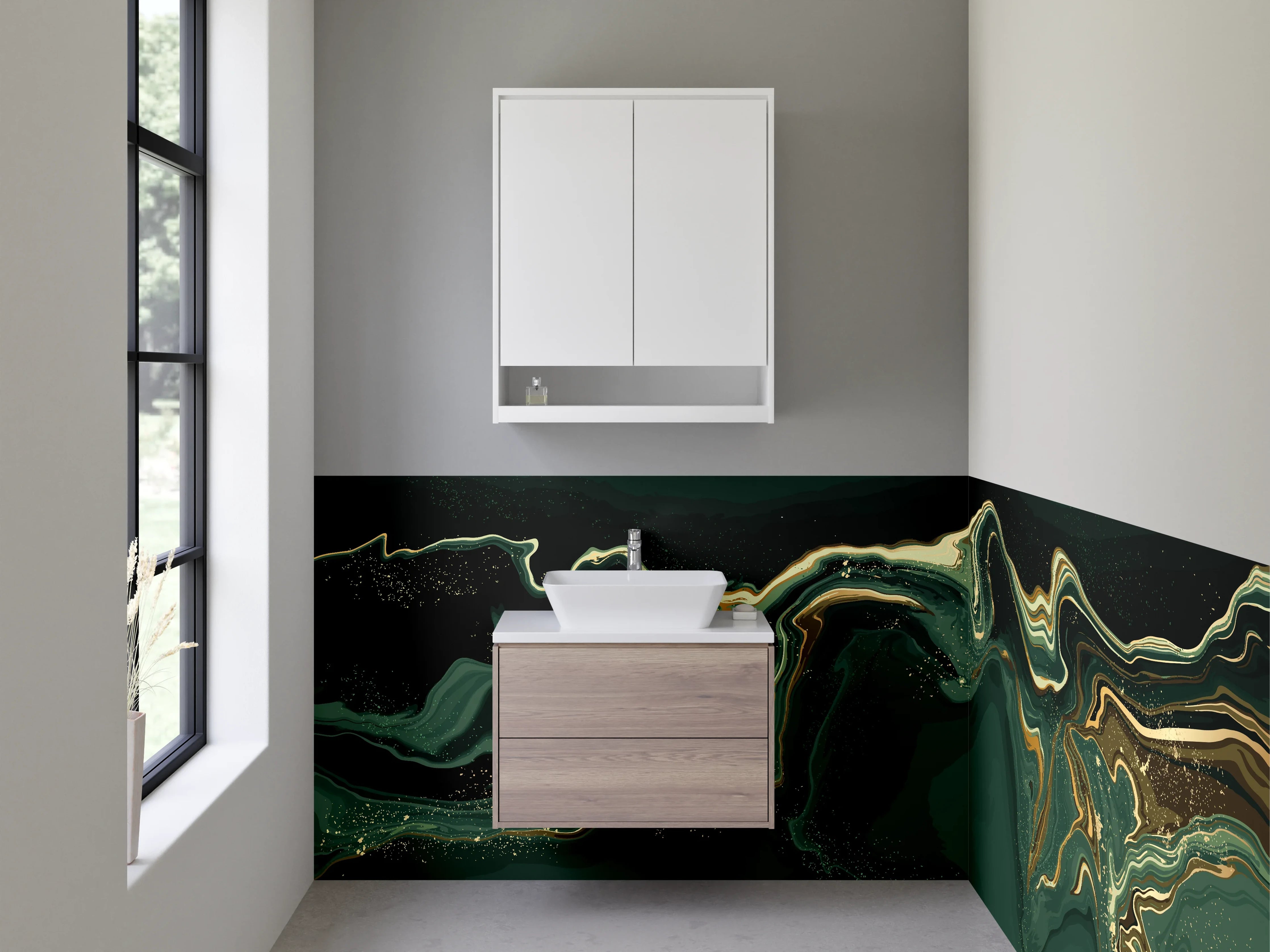 Waschbecken-Rückwand - Elegante dunkle Marmor-Textur mit goldenen Akzenten