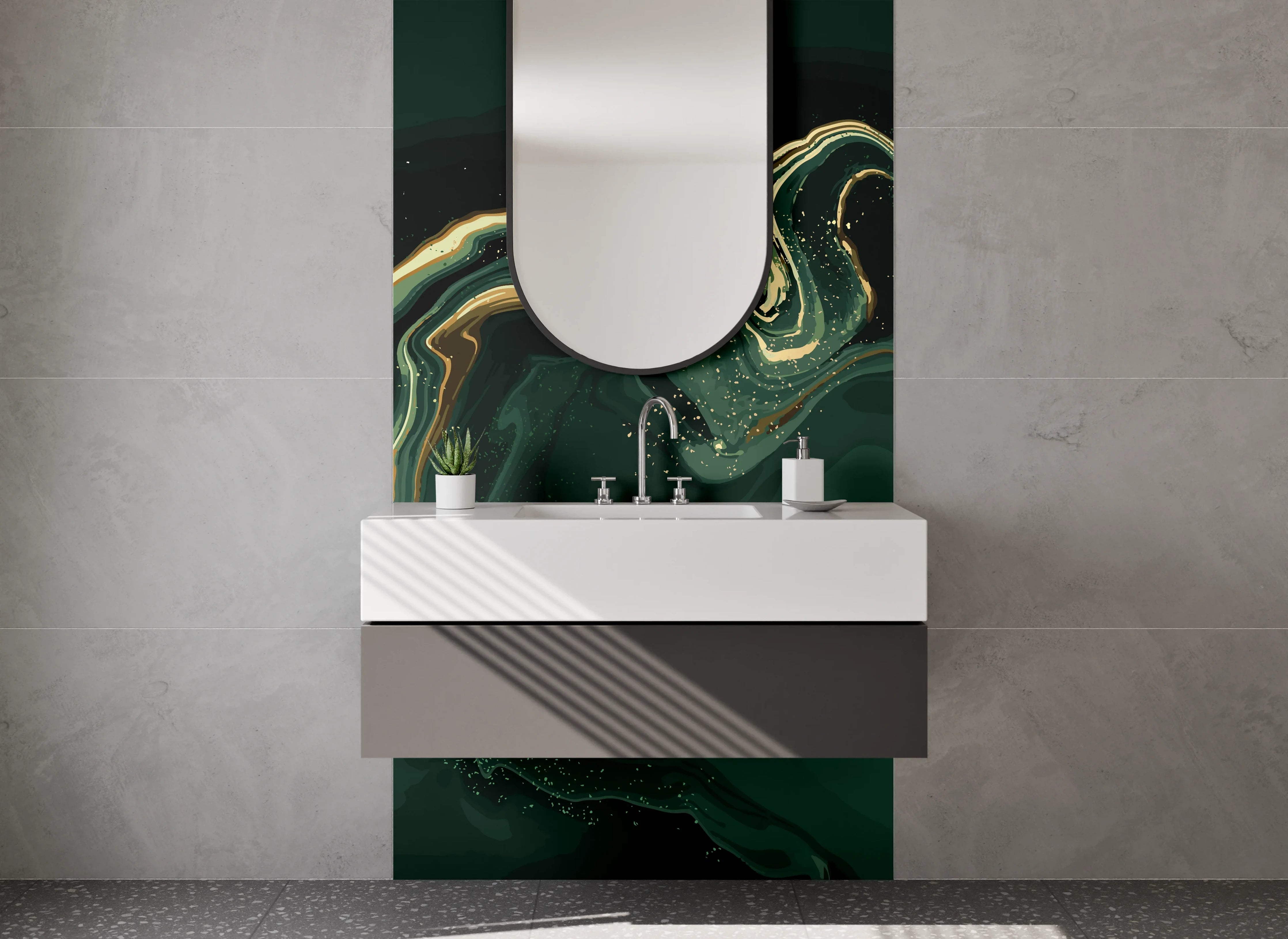 Waschbecken-Rückwand - Elegante dunkle Marmor-Textur mit goldenen Akzenten