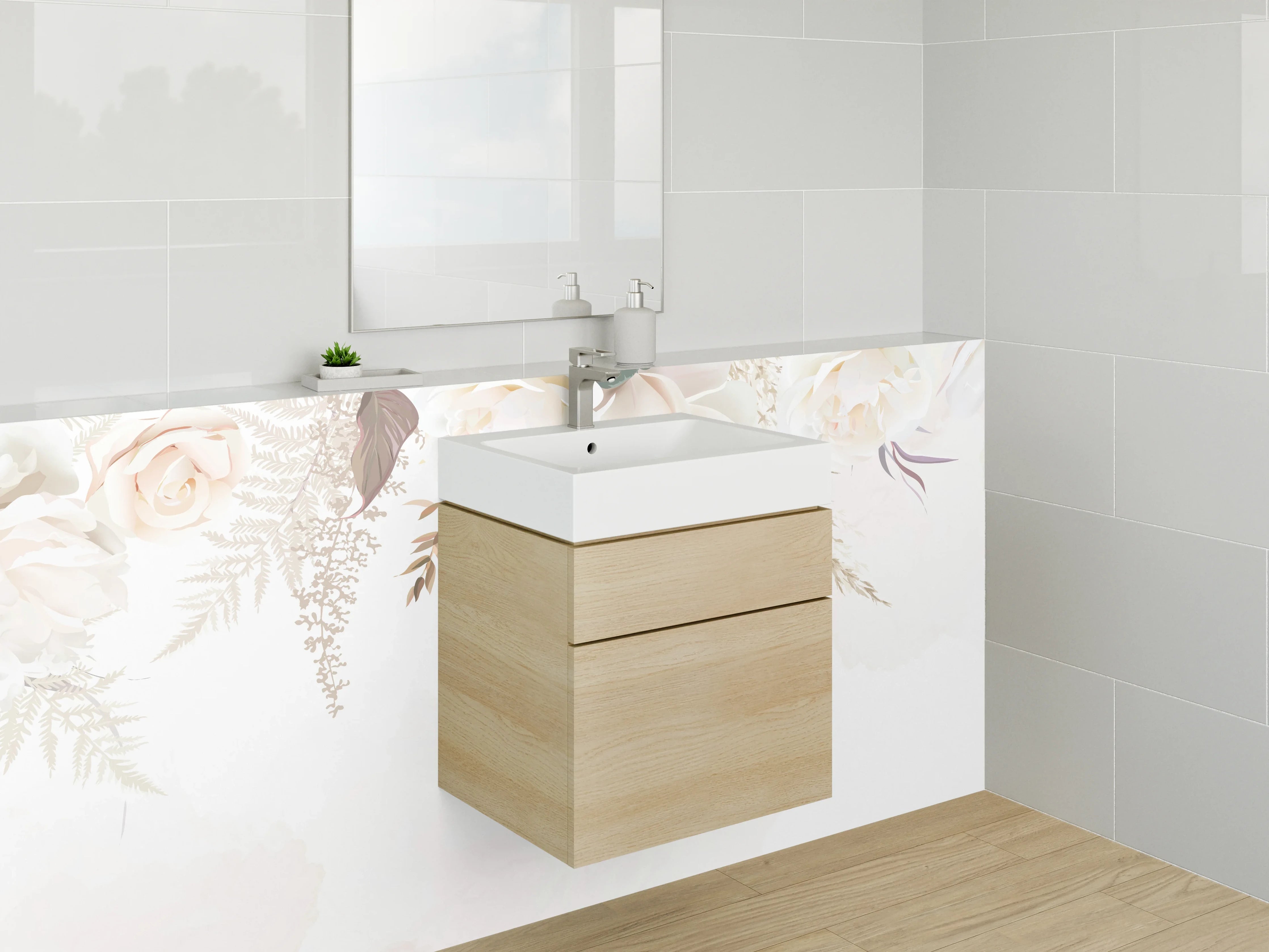 Waschbecken-Rückwand - Elegante florale Aquarellkunst Weiß Beige