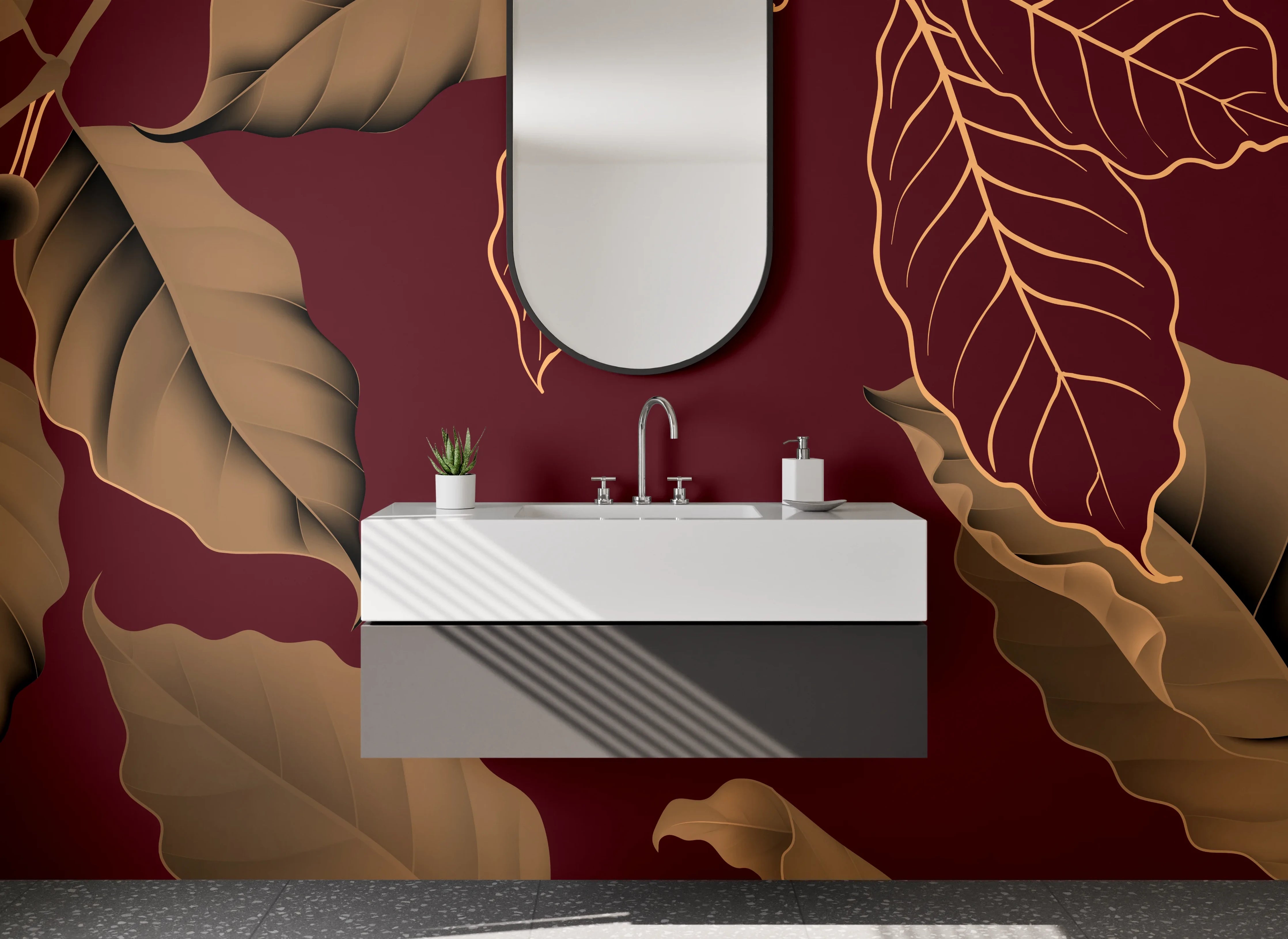 Waschbecken-Rückwand - Elegante florale Blätter auf Bordeaux