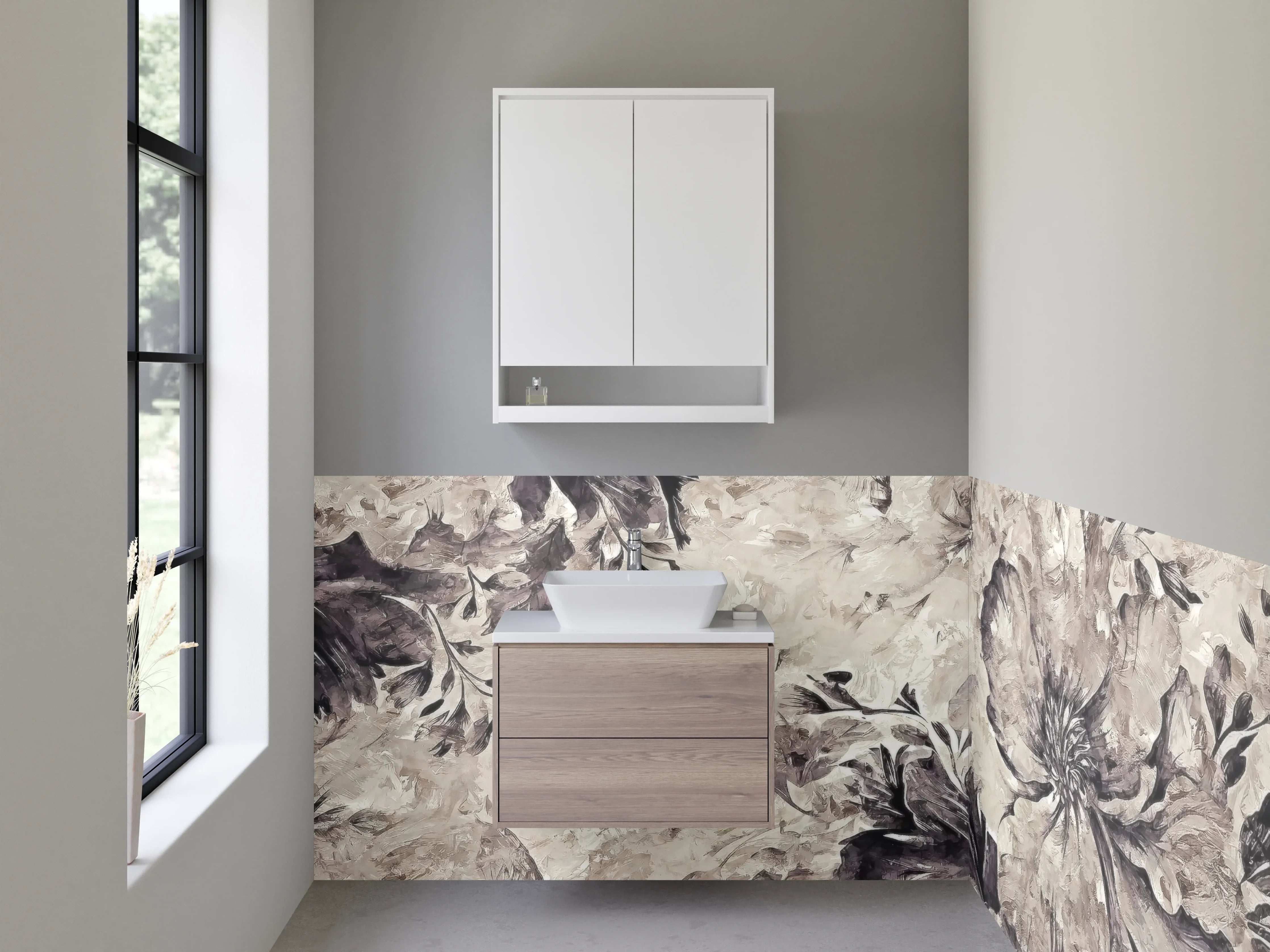 Waschbecken-Rückwand - Elegante florale Kunst in Grau-Beige