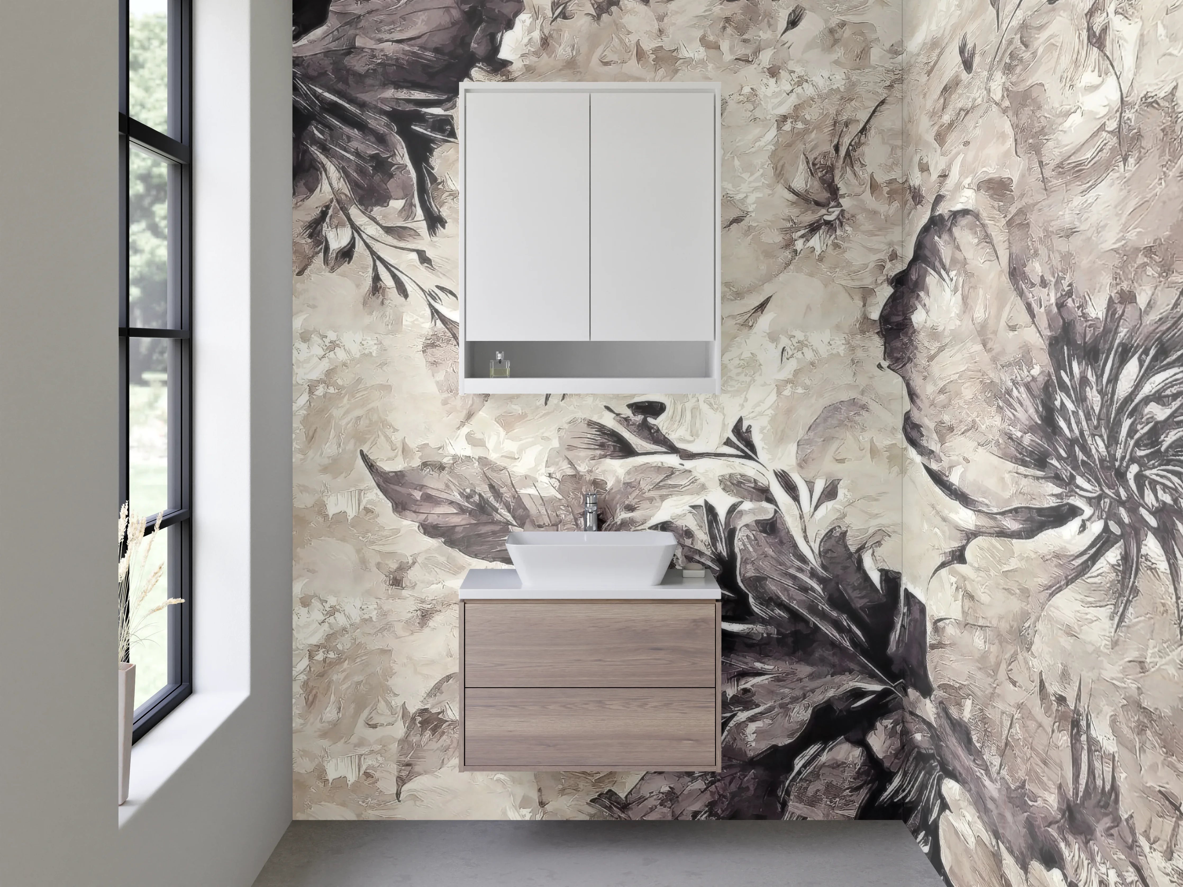 Waschbecken-Rückwand - Elegante florale Kunst in Grau-Beige