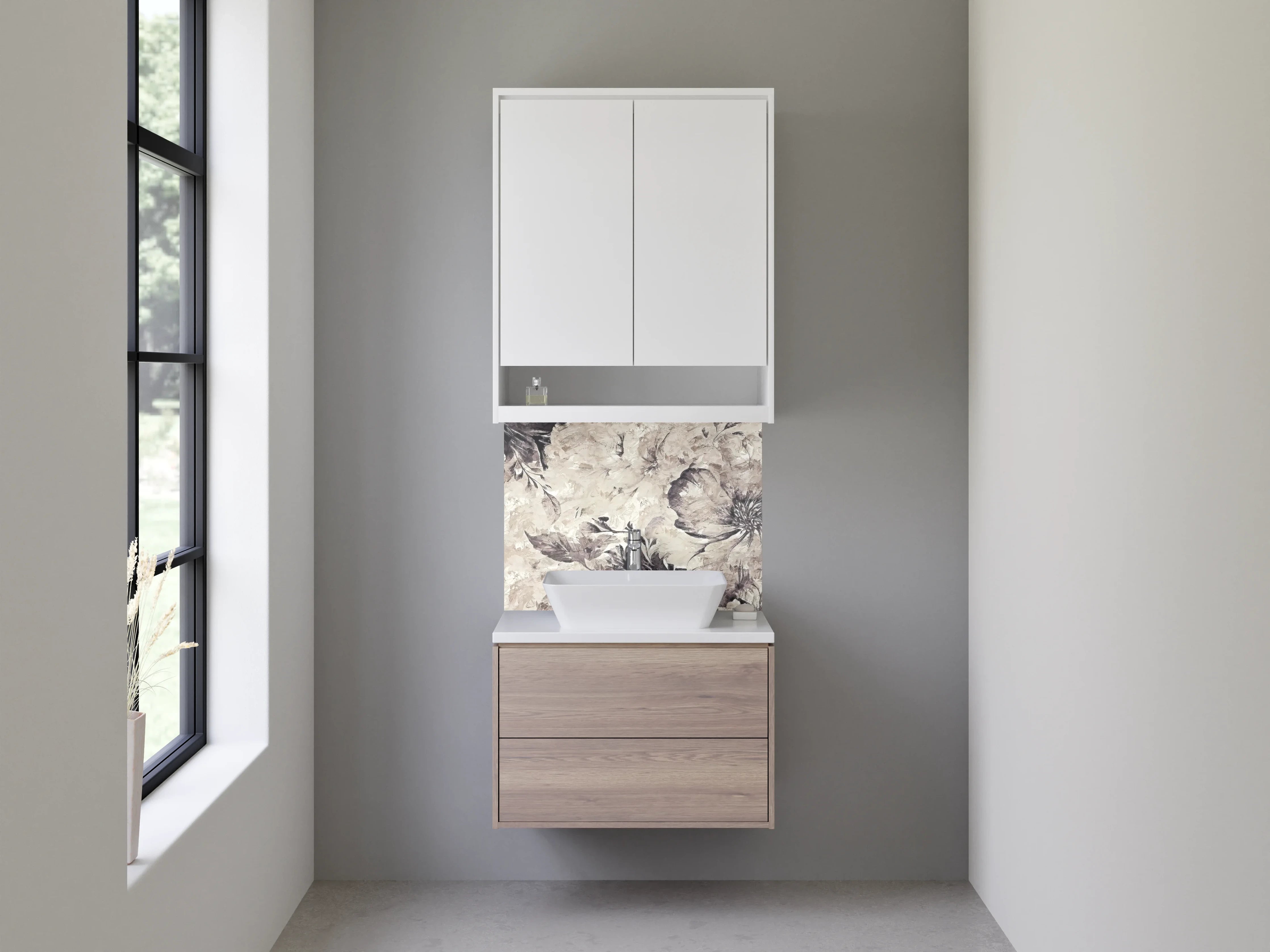 Waschbecken-Rückwand - Elegante florale Kunst in Grau-Beige