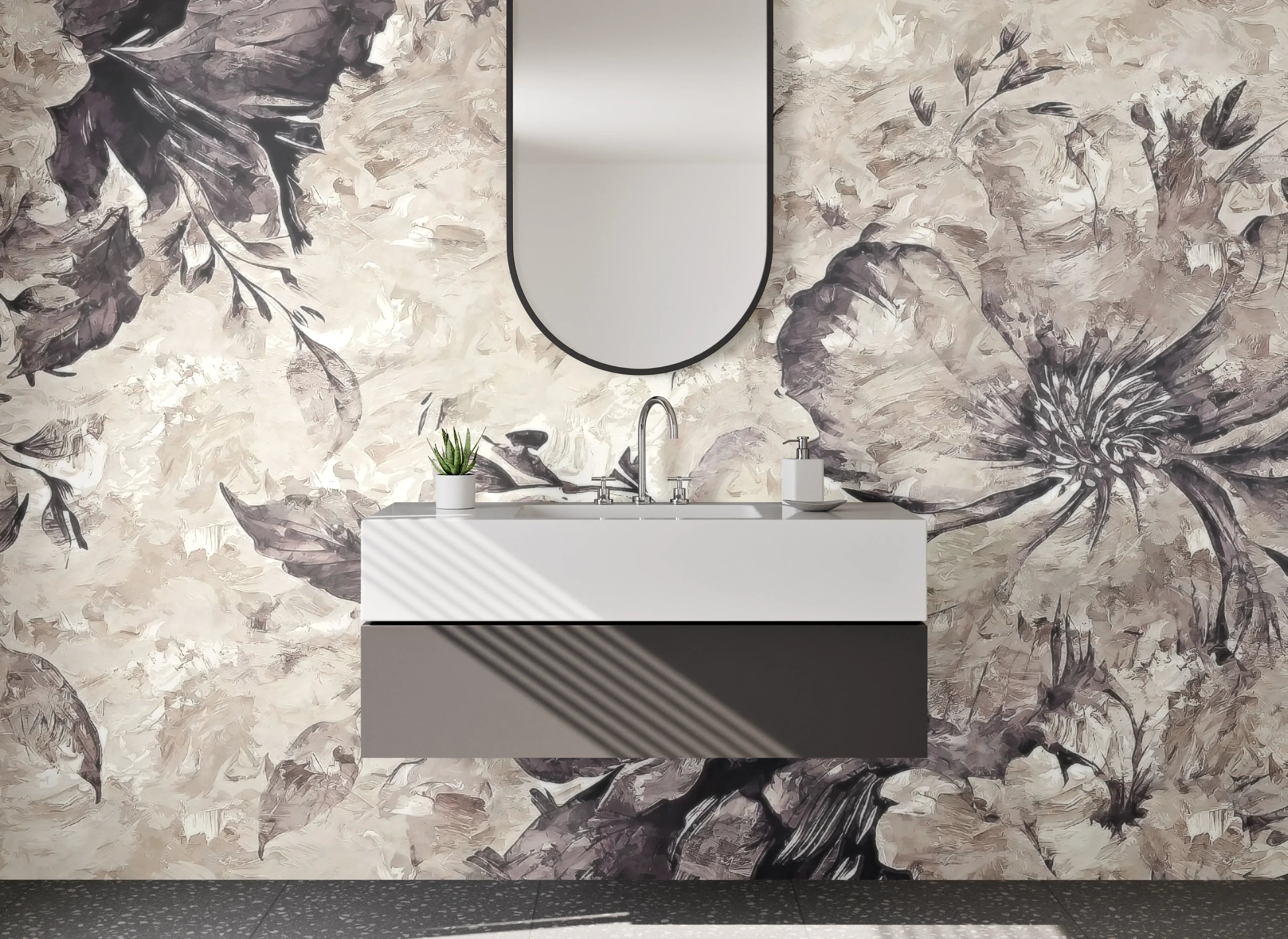 Waschbecken-Rückwand - Elegante florale Kunst in Grau-Beige