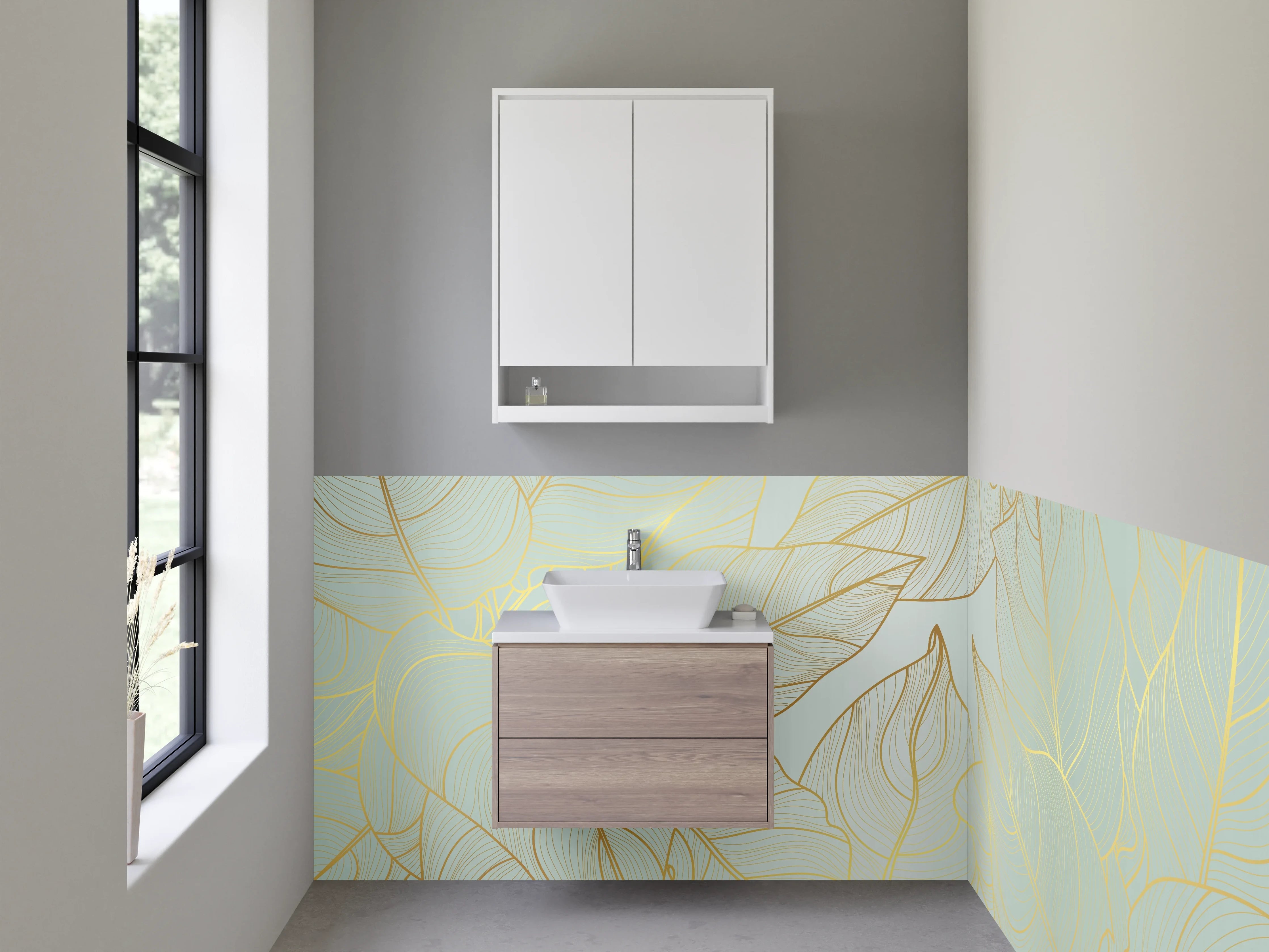 Waschbecken-Rückwand - Elegante goldene Blätter Lineart auf Mint
