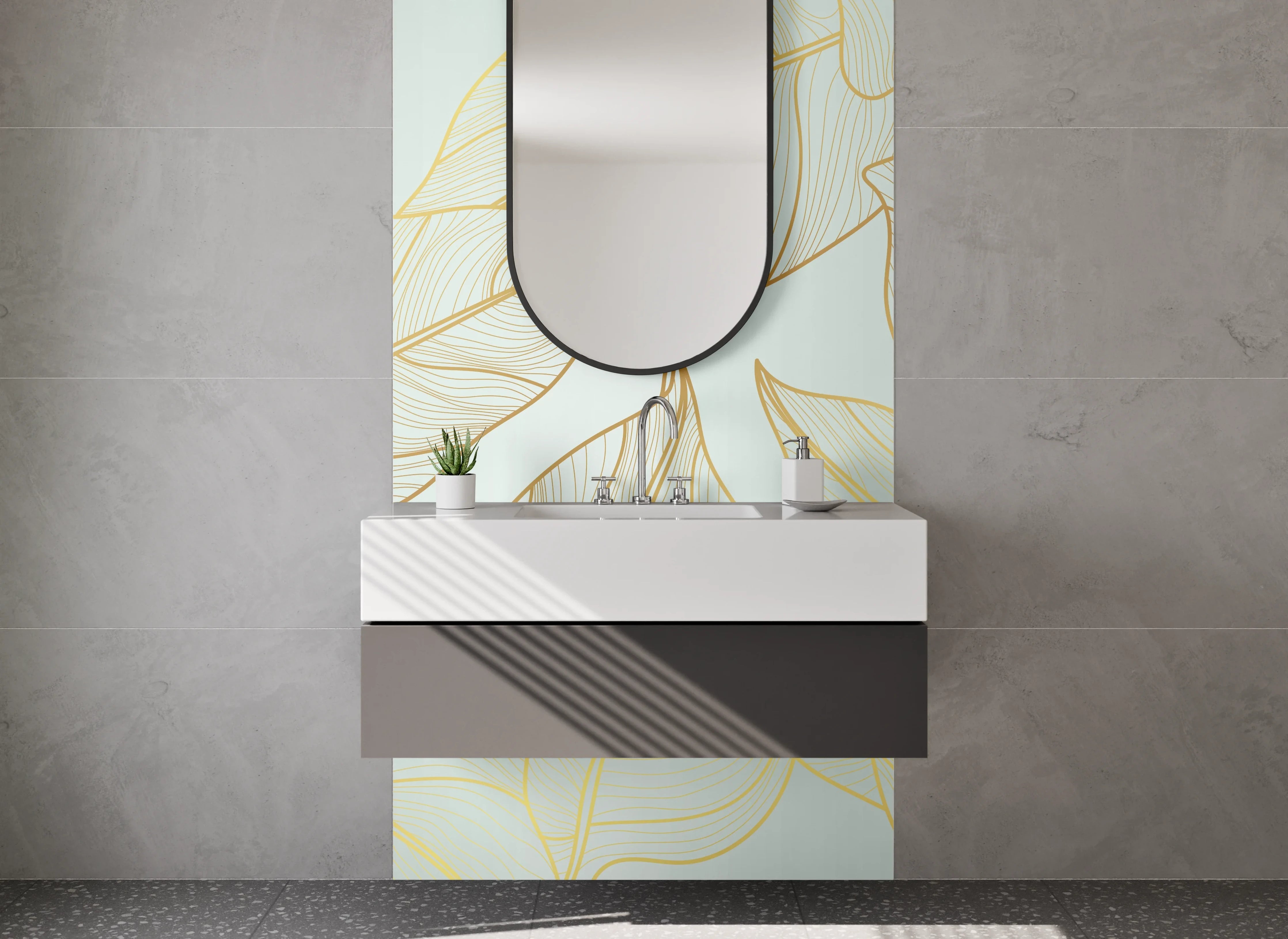 Waschbecken-Rückwand - Elegante goldene Blätter Lineart auf Mint