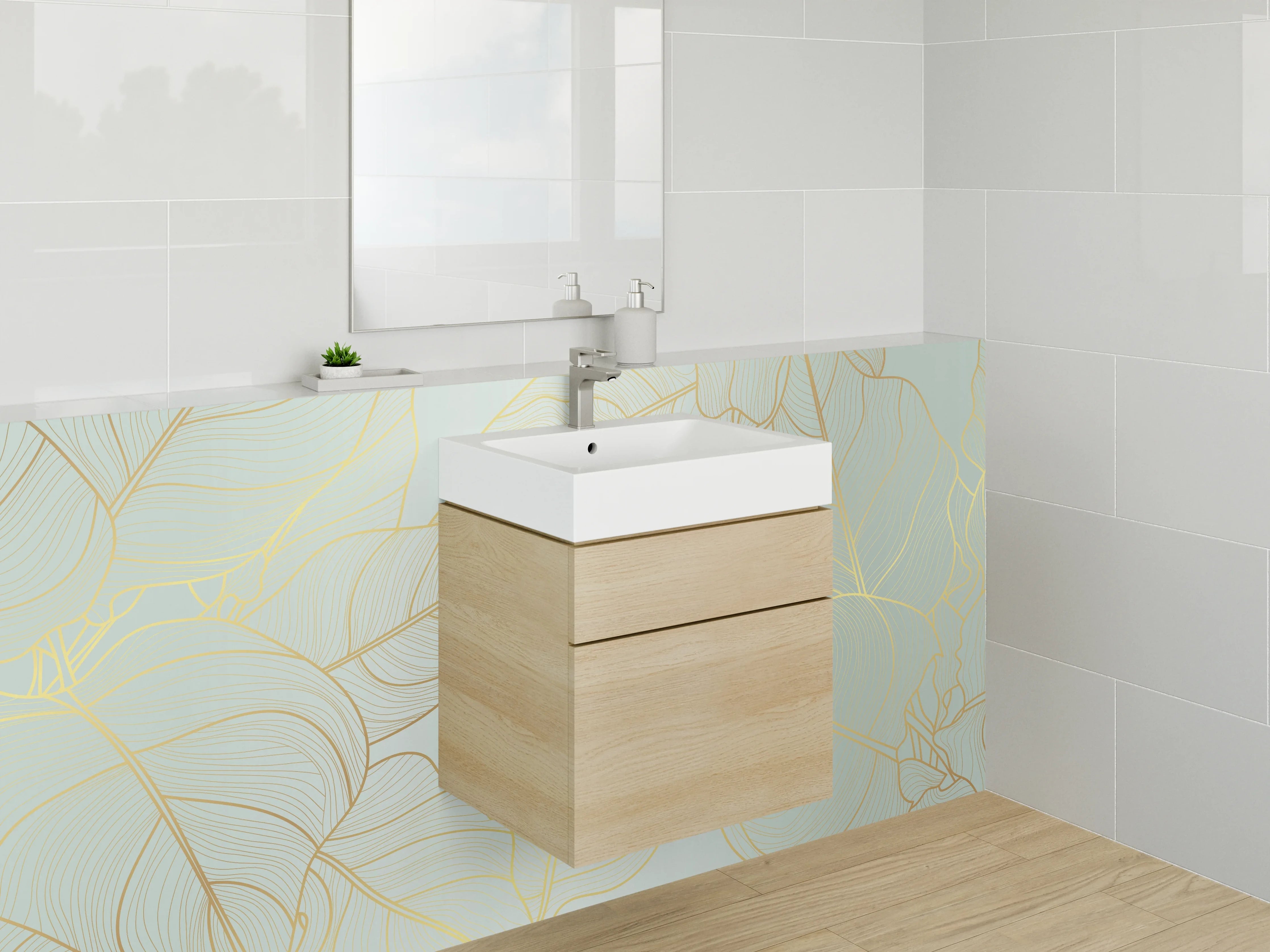 Waschbecken-Rückwand - Elegante goldene Blätter Lineart auf Mint