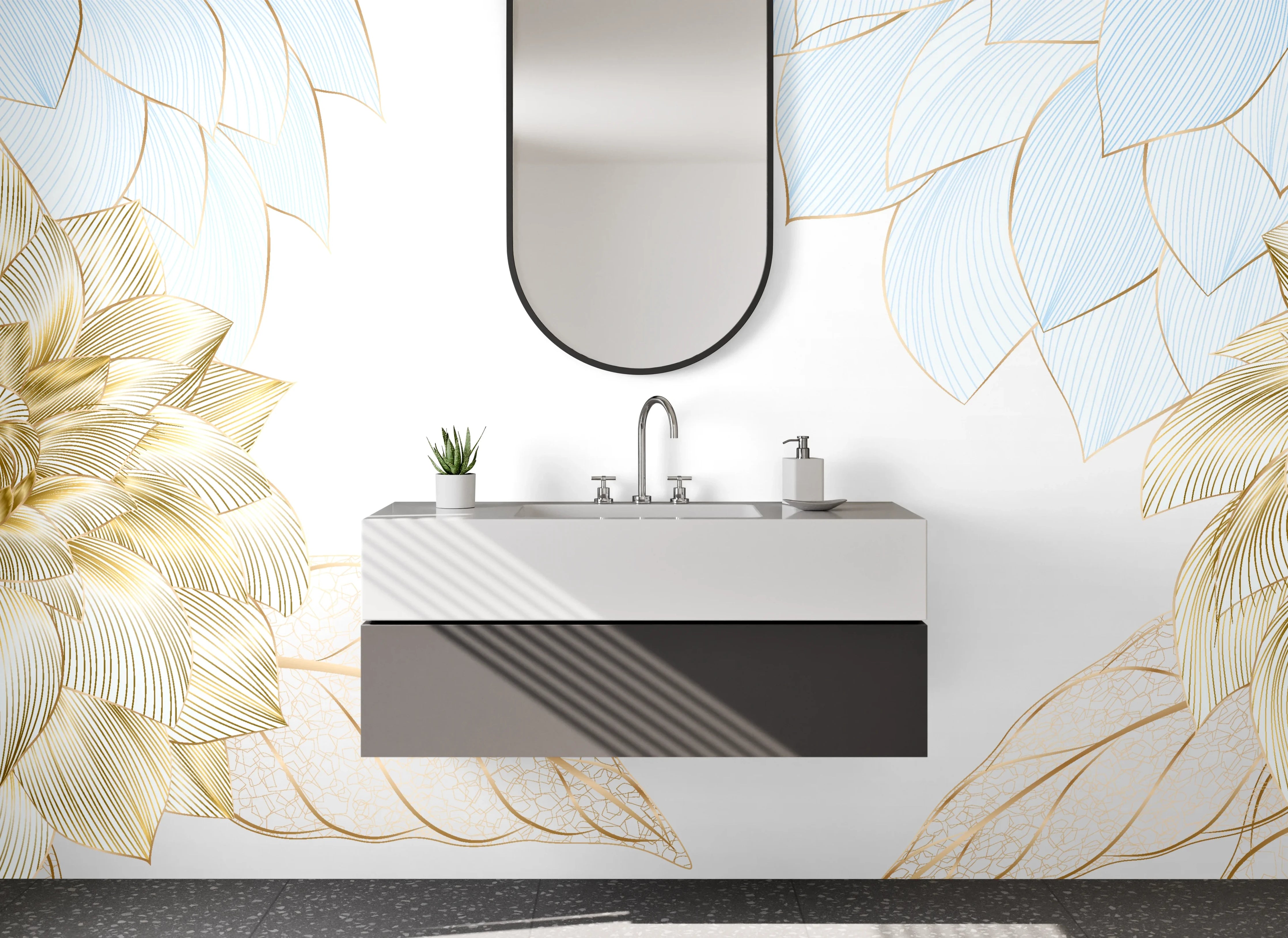 Waschbecken-Rückwand - Elegante goldene Blumen Illustration