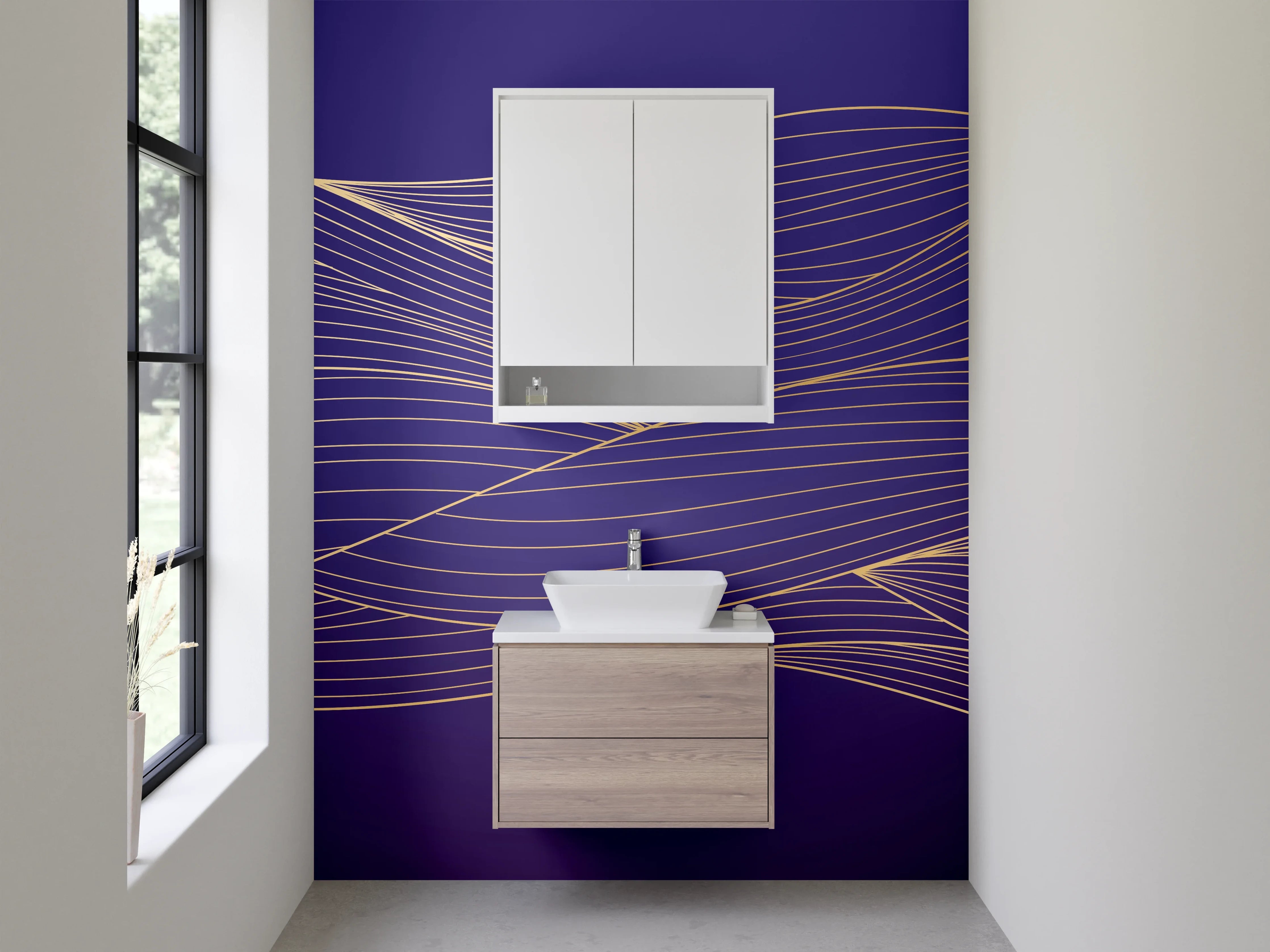 Waschbecken-Rückwand - Elegante goldene Linien auf Lila