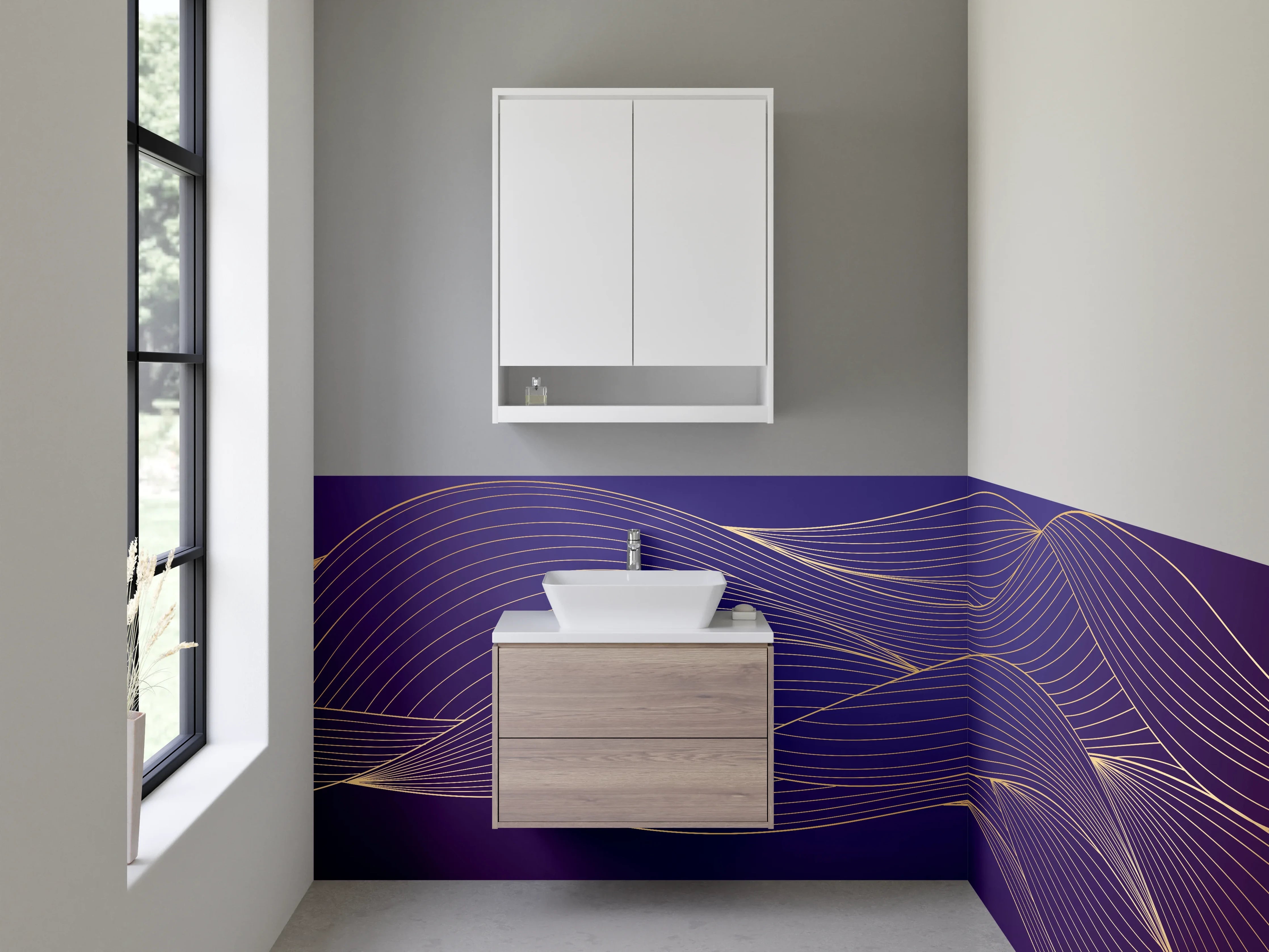 Waschbecken-Rückwand - Elegante goldene Linien auf Lila