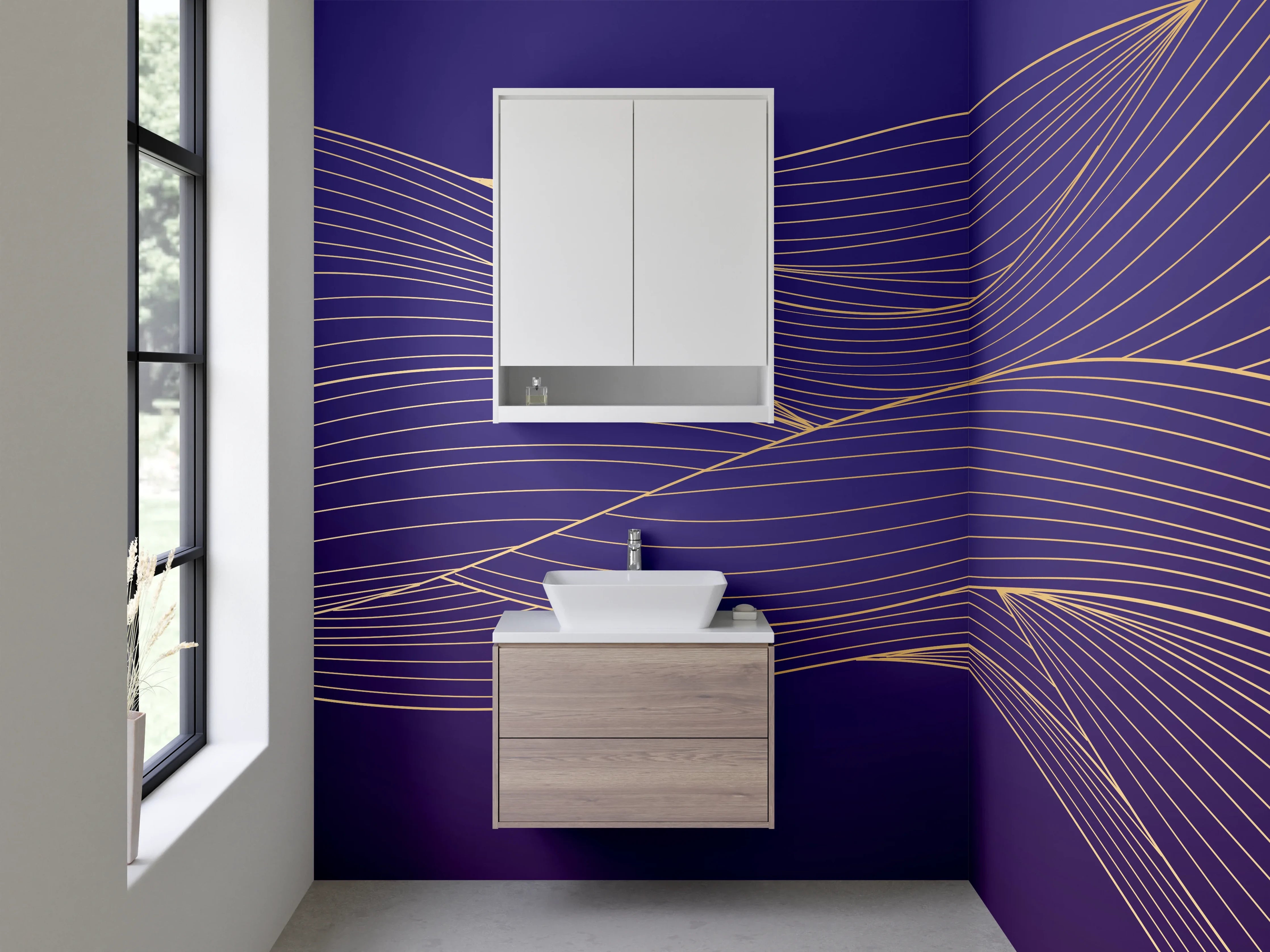Waschbecken-Rückwand - Elegante goldene Linien auf Lila